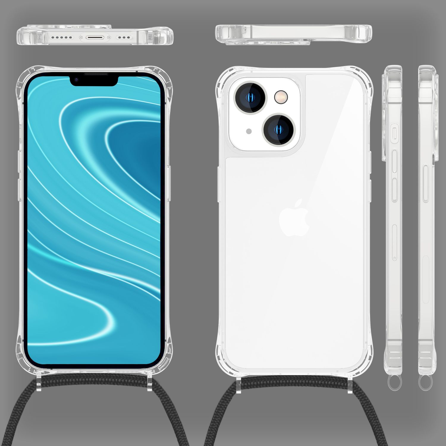 Funda transparente con cordón negro y teléfono con pantalla azul. Múltiples vistas de la funda.
