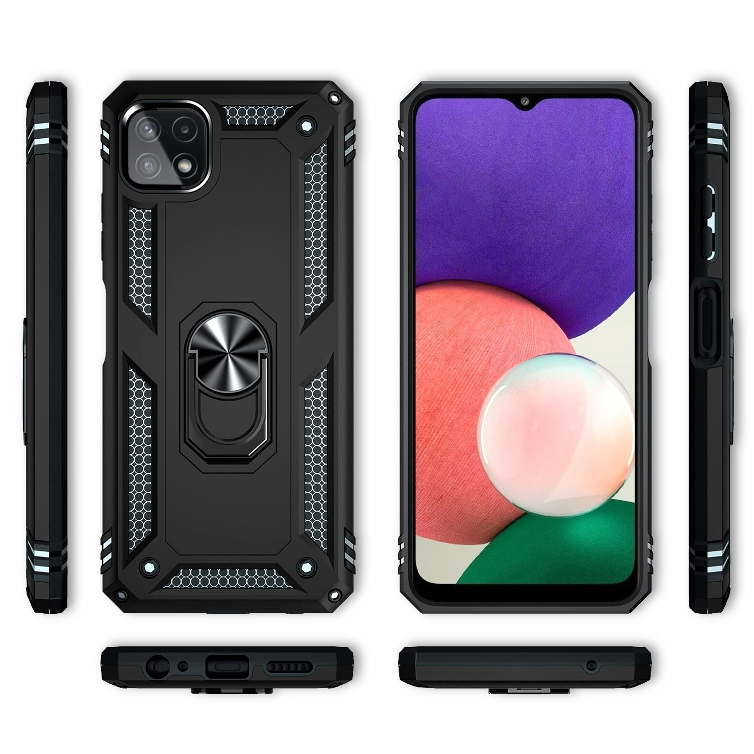 Schwarze Handyhülle mit einem schwarzen Telefon. Die Hülle ist schwarz mit einem Metallring. Weißer Hintergrund.