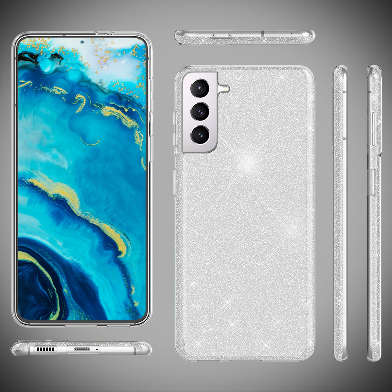 Custodia per telefono argentata con un telefono. La custodia è ricoperta di glitter e ha tre fotocamere. Sfondo grigio.
