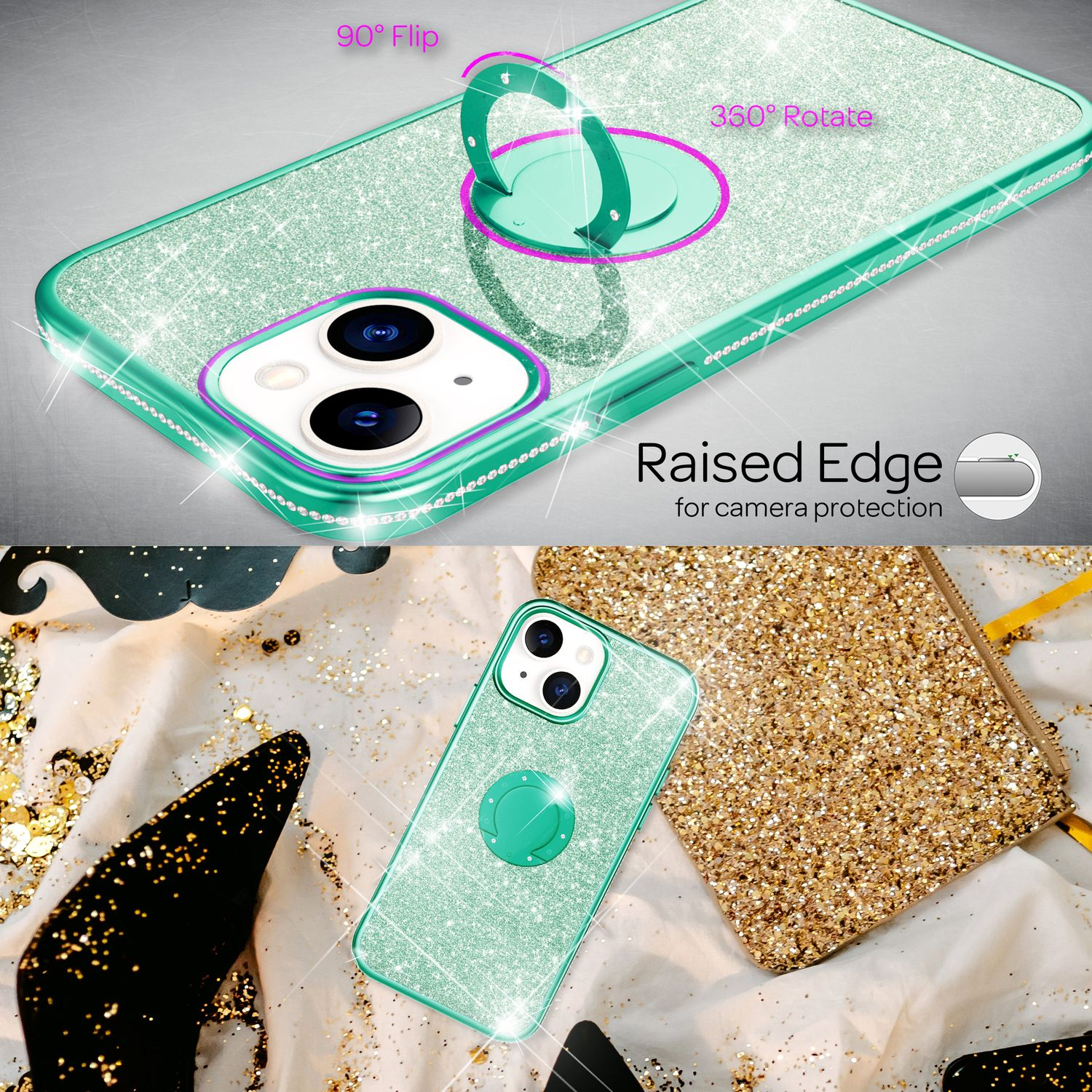 Funda de teléfono verde con teléfono, con soporte de anillo y purpurina. Funda verde, fondo blanco, con accesorios.