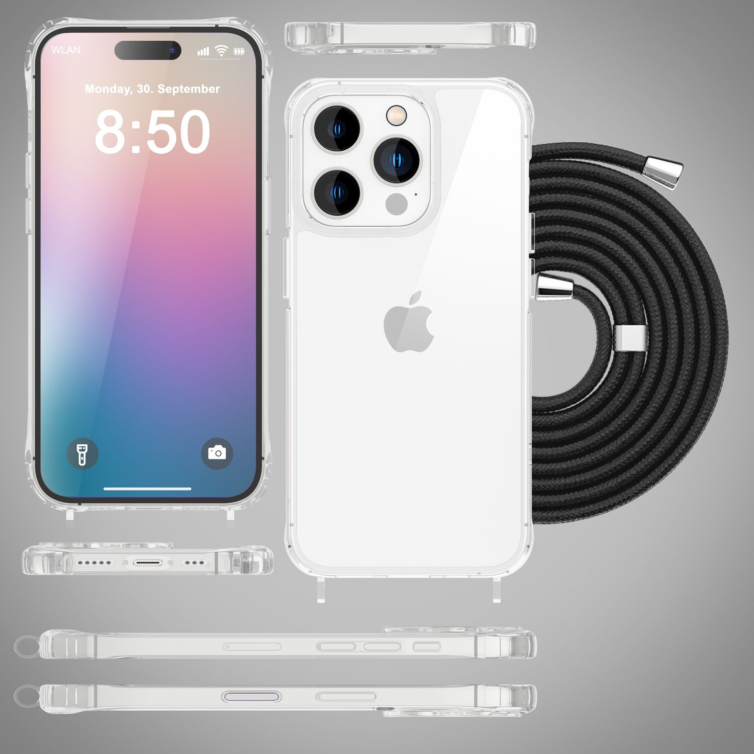 Handyhülle mit Telefon darin, mehrere Ansichten, weißer Hintergrund.