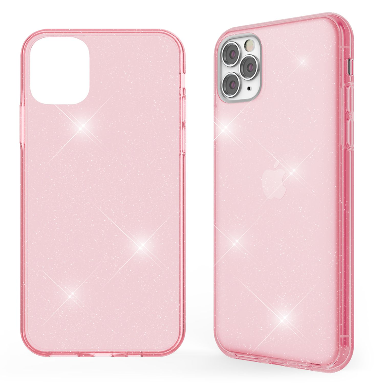 Dos fundas de teléfono rosa brillante con fondo blanco.