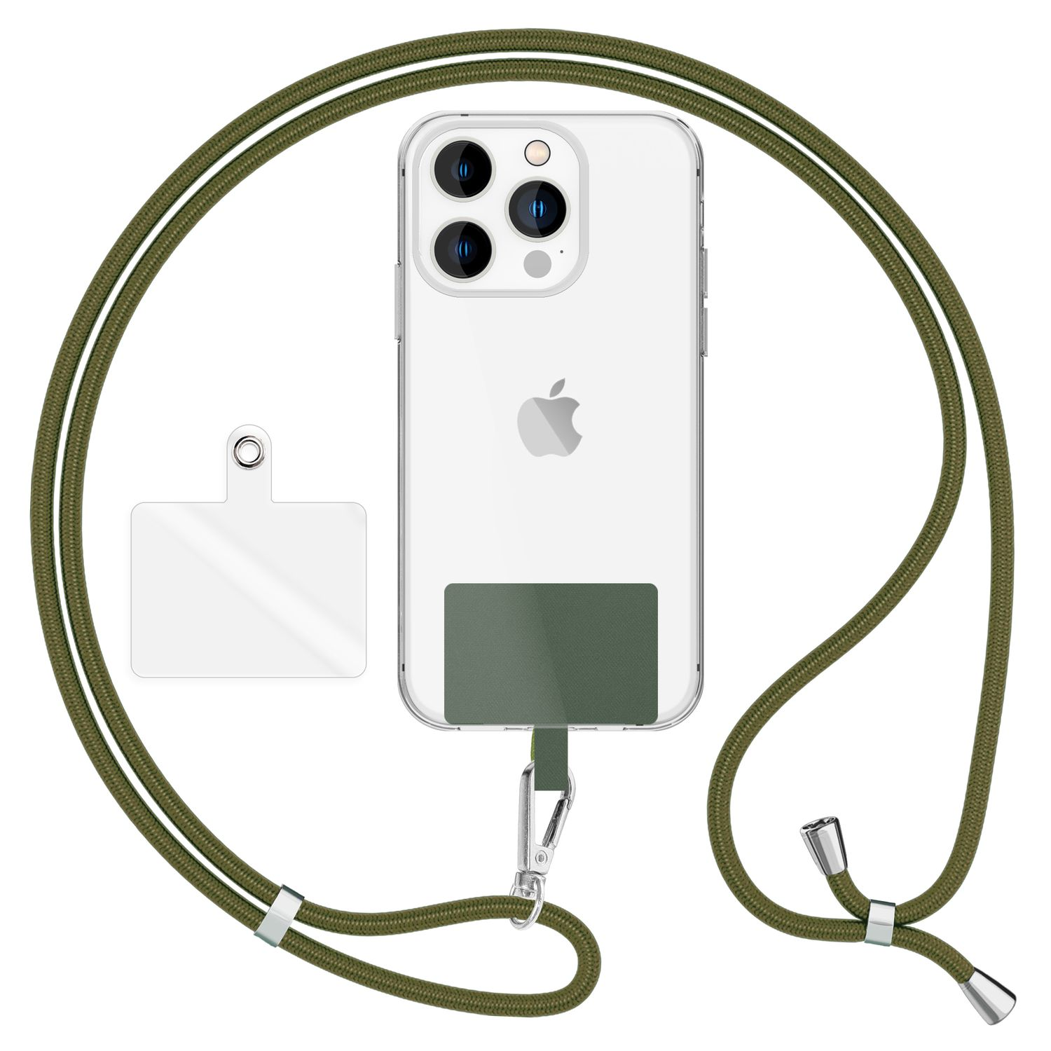 Una funda transparente para teléfono con un cordón. El cordón es verde oliva.