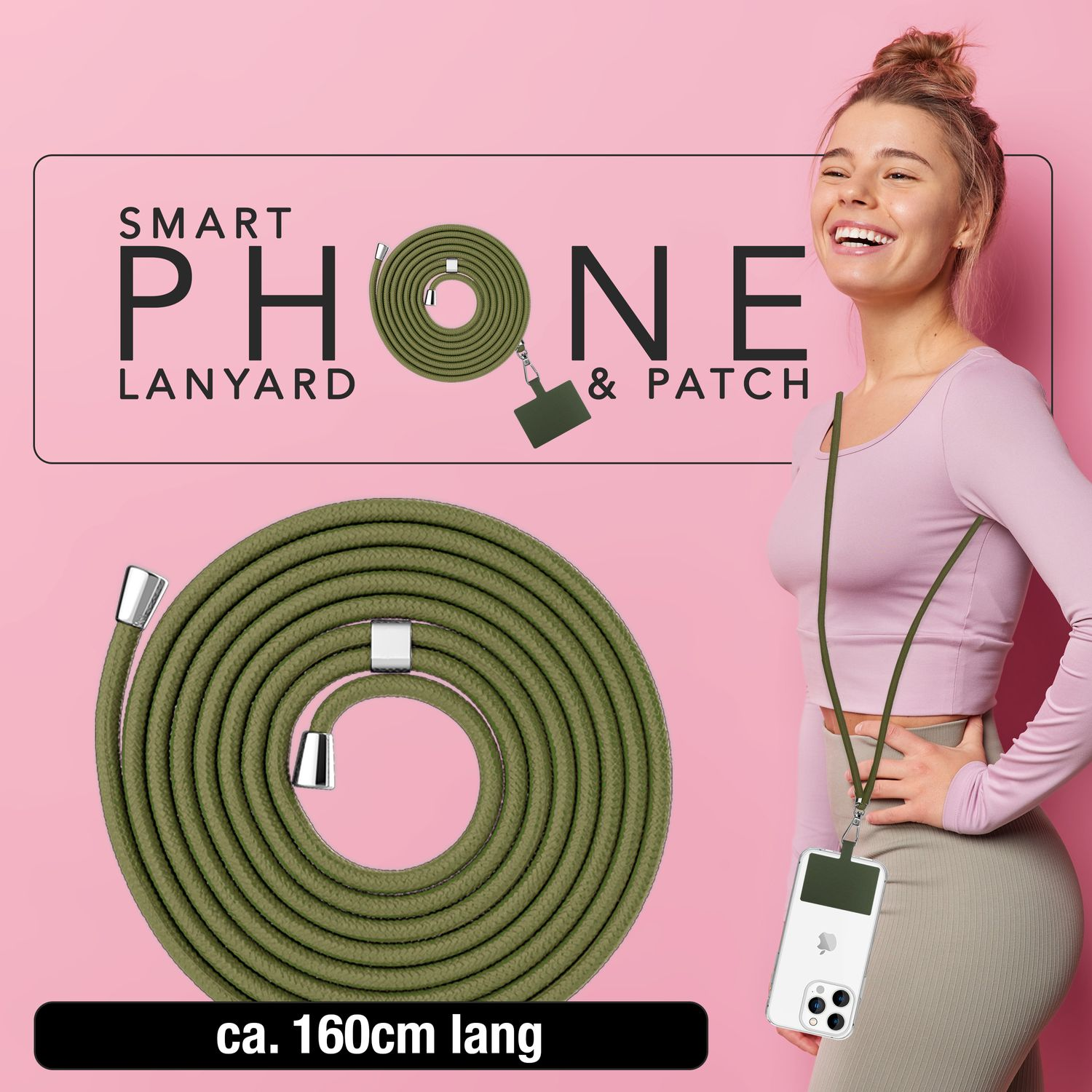 Mujer con un cordón para teléfono. El cordón es verde oliva y el texto dice 'Smart Phone Lanyard'.