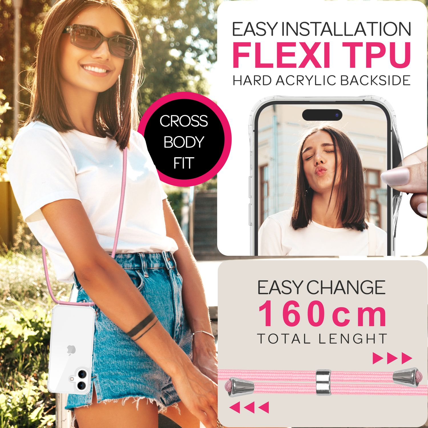 Frau mit Telefon an pinkem Schlüsselband. Text lautet 'Easy Installation Flexi TPU'.