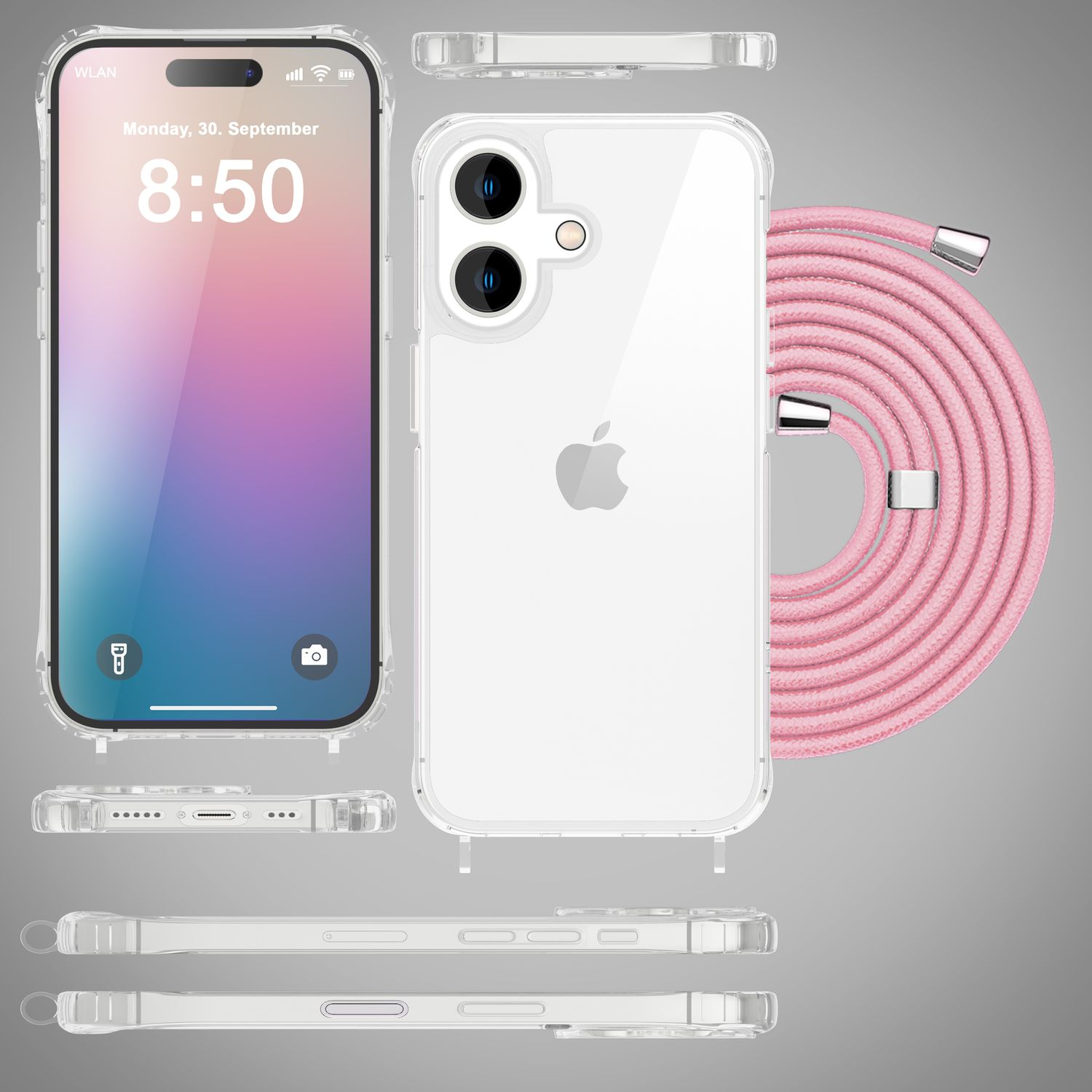 iPhone in klarer Hülle mit rosa Seil. Das Telefon zeigt Datum und Uhrzeit an. Grauer Hintergrund.