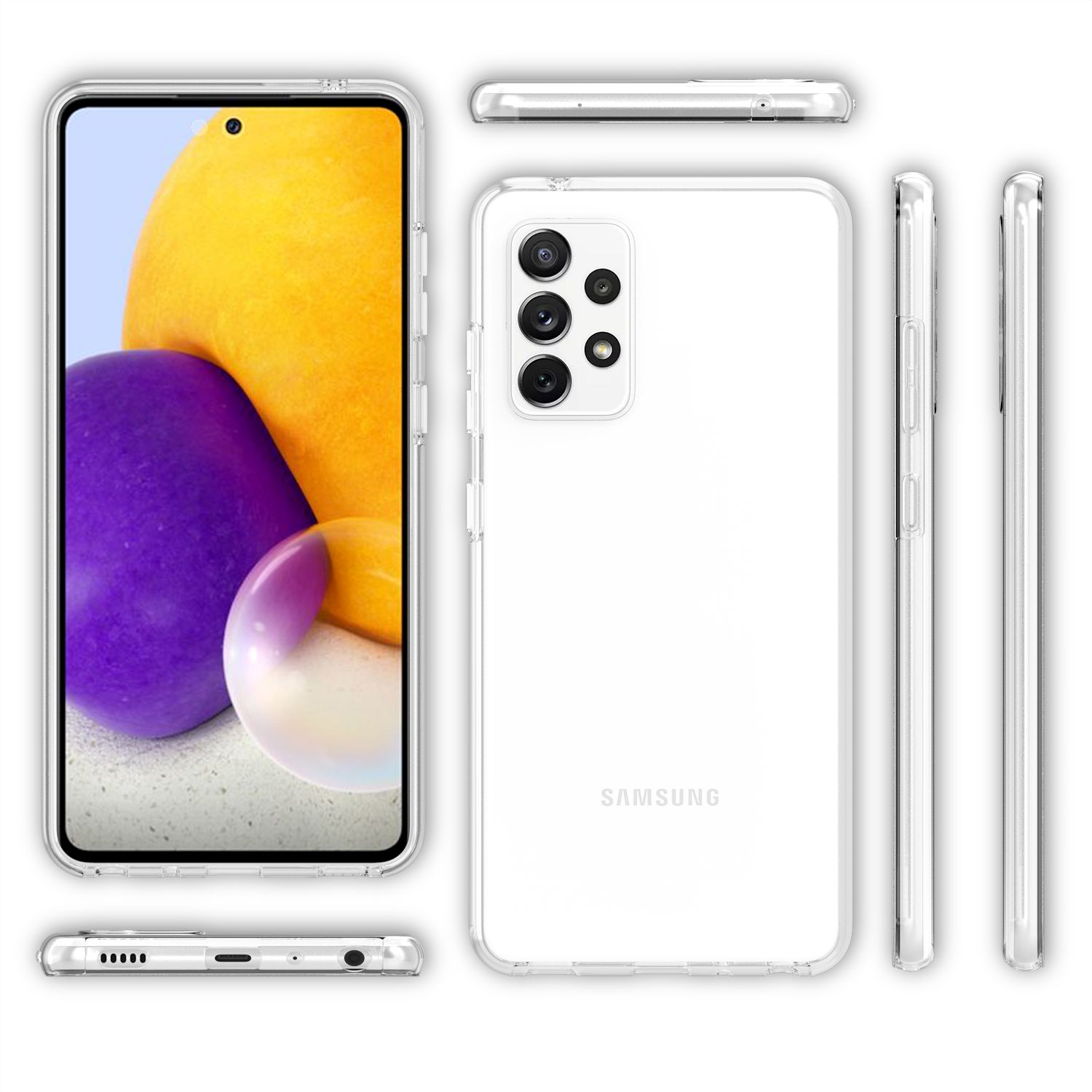Transparente Handyhülle mit Samsung-Handy. Das Telefon zeigt ein farbenfrohes abstraktes Bild. Zusätzliche Gehäuseansichten vorhanden.