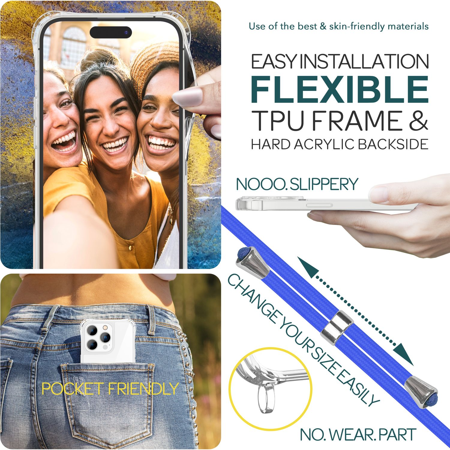 Fotos von drei Frauen und einem Telefon. Text erwähnt 'Flexible TPU Frame' und 'Pocket Friendly'.