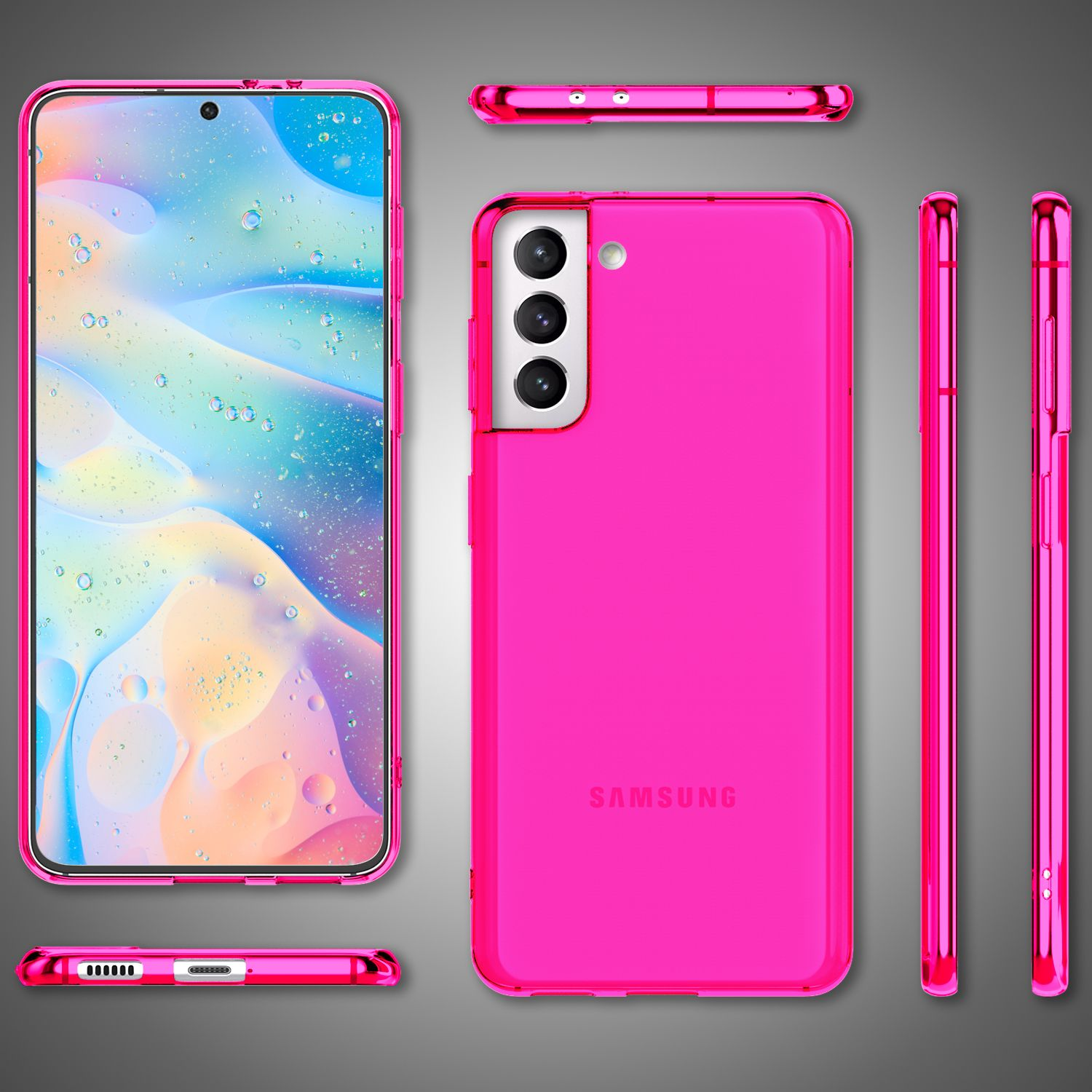 Custodia rosa per telefono con telefono Samsung. Ulteriori viste della custodia presenti. Il telefono ha uno schermo rosa.