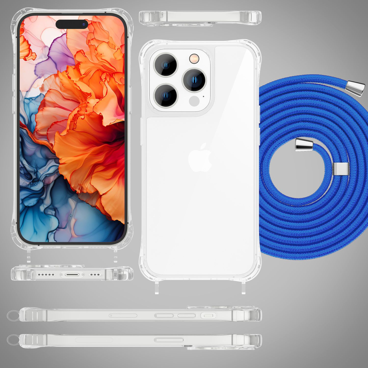 Transparente Handyhülle mit einem Telefon. Das Telefon zeigt ein farbenfrohes abstraktes Bild. Ein blaues Kabel ist aufgerollt.