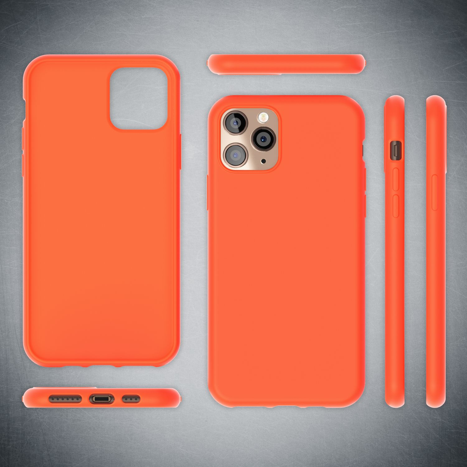 Orange Handyhülle mit Handybildschirm, Draufsicht, Unteransicht und Seitenansichten. Grauer Hintergrund.