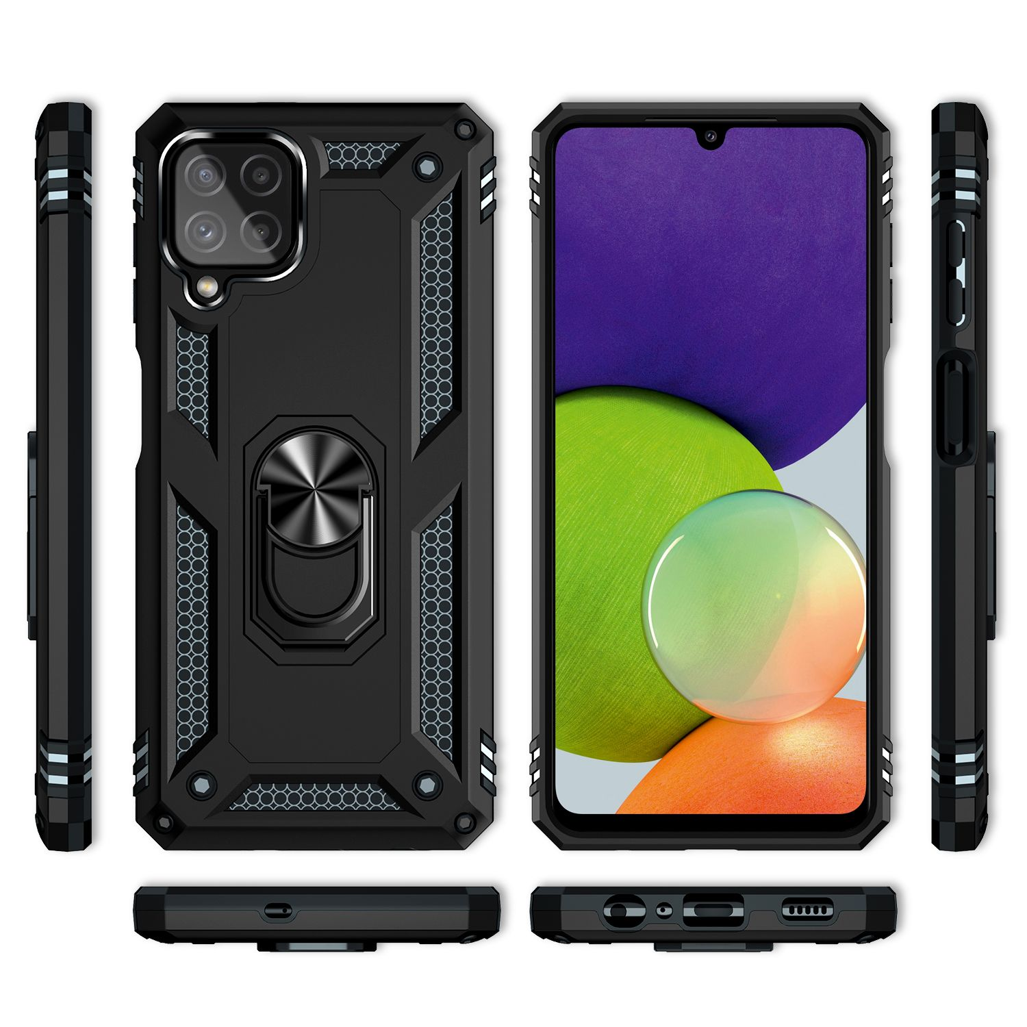 Schwarze Handyhülle mit Ringhalterung für ein Smartphone, mit dem Telefon darin ausgestellt.