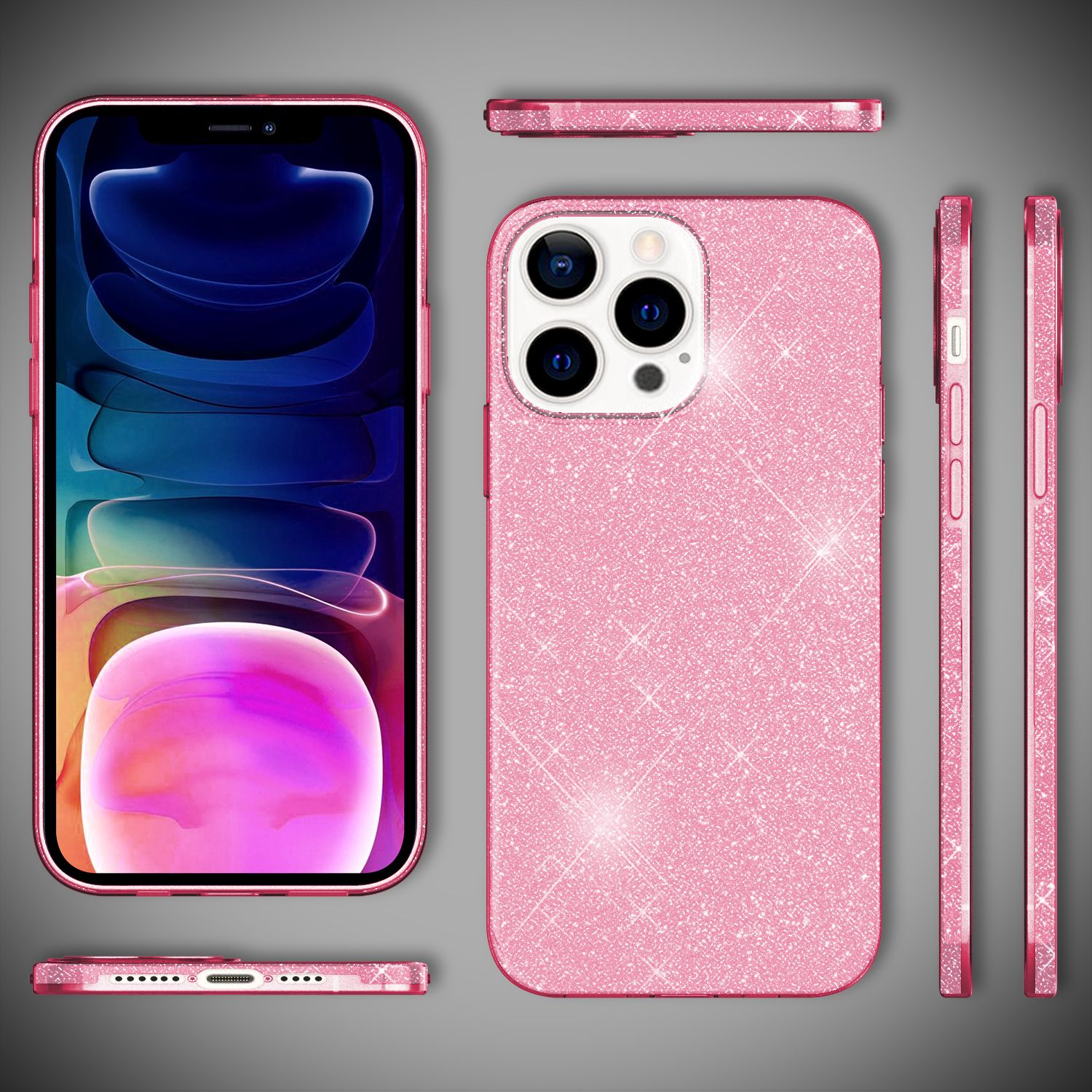 Funda rosa con purpurina y marco rosa, con vistas trasera, frontal y lateral.