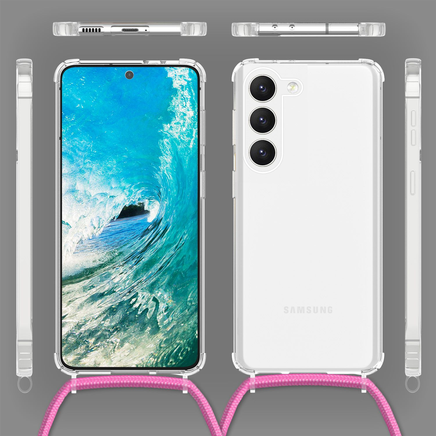 Transparente Handyhülle mit pinkfarbenem Lanyard. Mehrere Ansichten zeigen das Telefon in der Hülle.