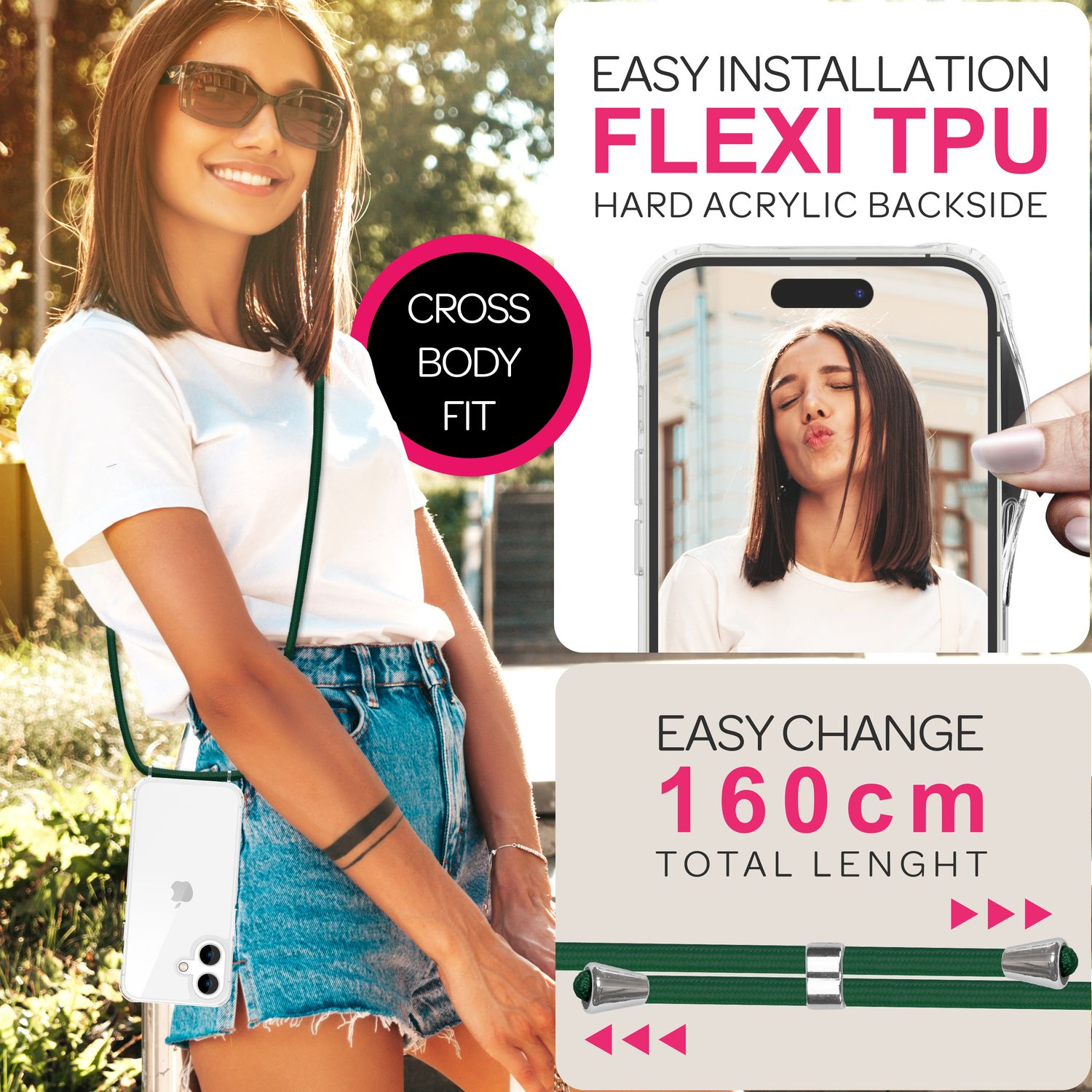 Donna con custodia per telefono su una tracolla. Testo: 'Cross Body Fit'.