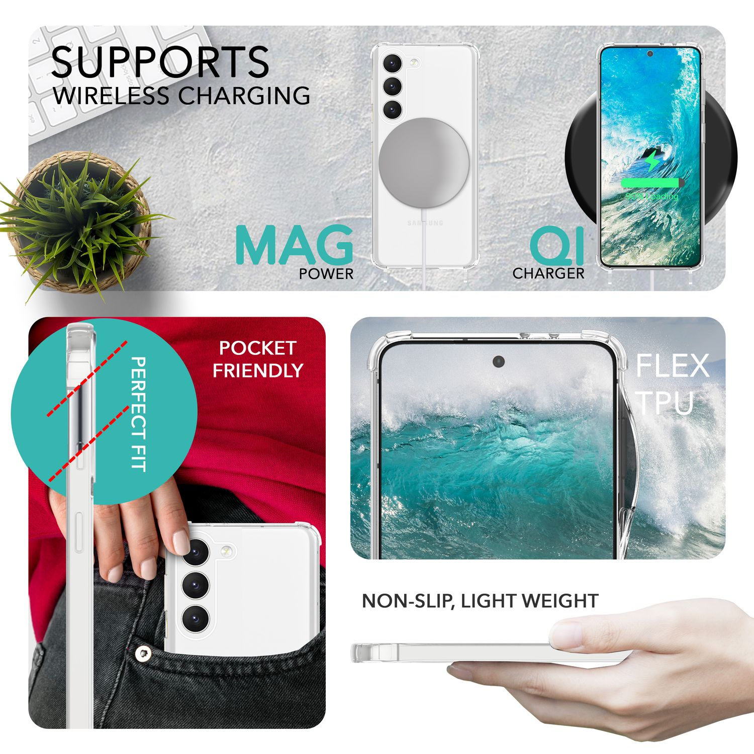 Transparente Handyhülle mit Handy, kabellosem Laden und Taschenfreundlich-Etikett.
