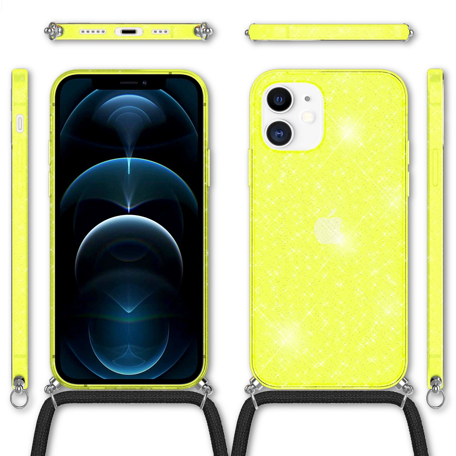 Funda de teléfono amarilla con purpurina, con cordón negro, mostrada desde varios ángulos.
