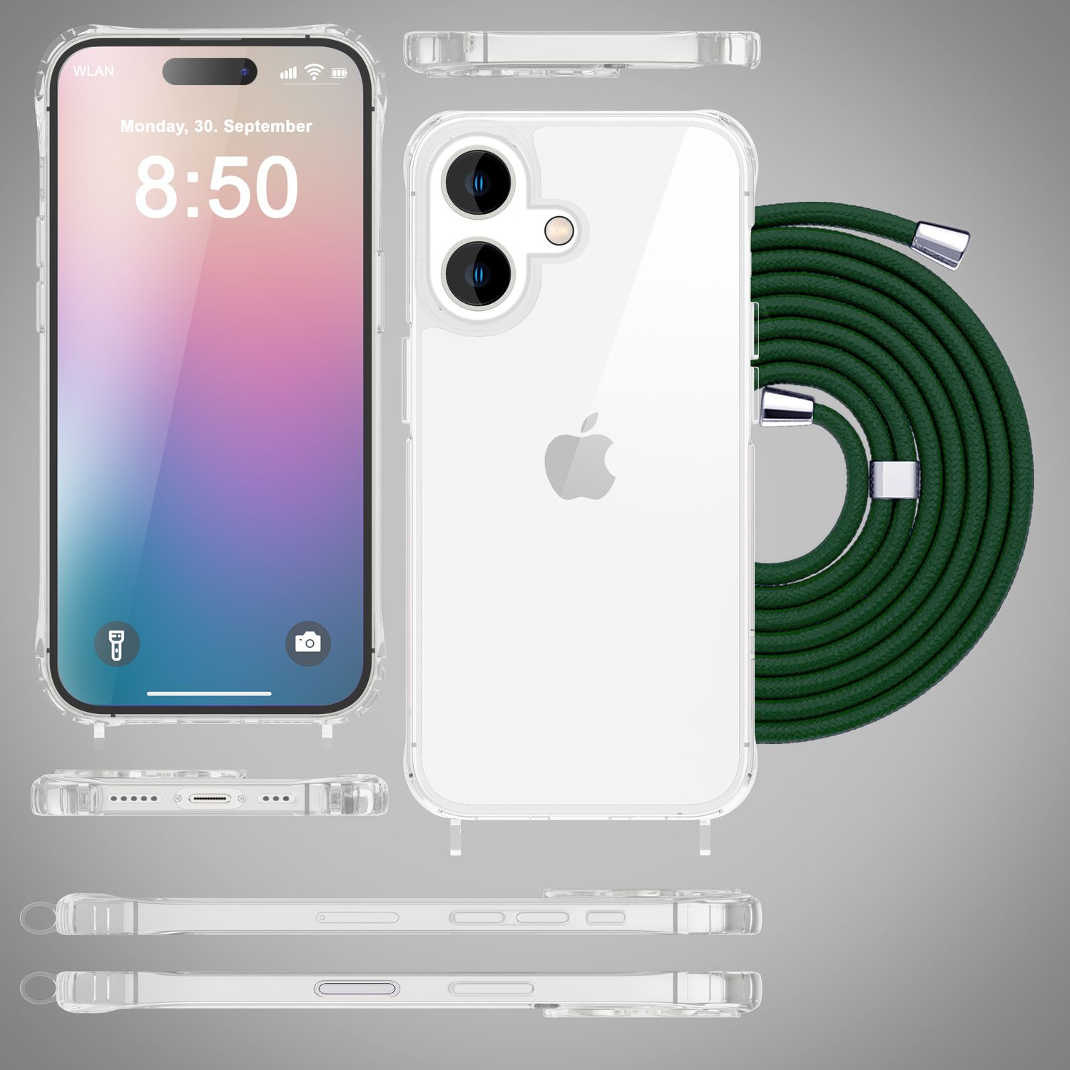 Custodia trasparente per telefono con cinturino verde, telefono in posizione. Molteplici viste del telefono e della custodia.
