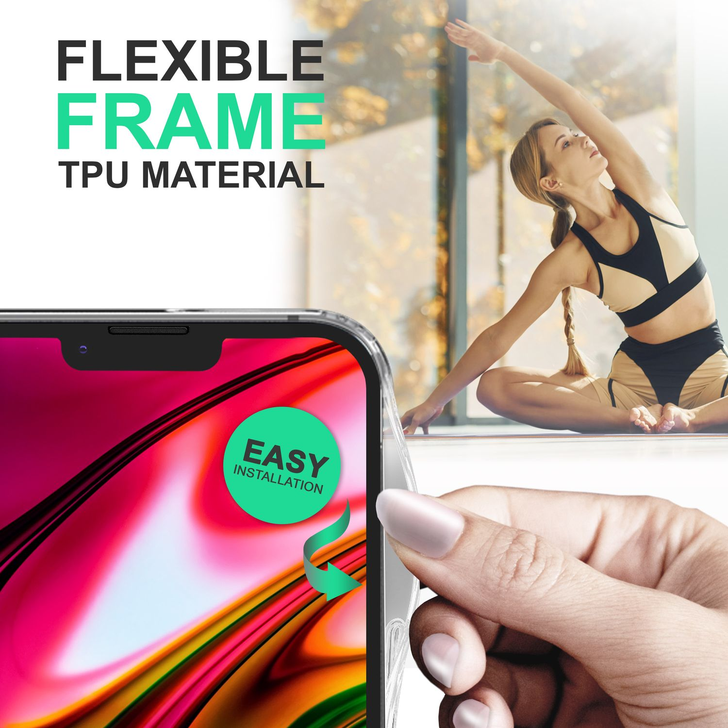 Handyhülle mit flexiblem Rahmen, einfacher Installation und Frau, die sich im Hintergrund dehnt.