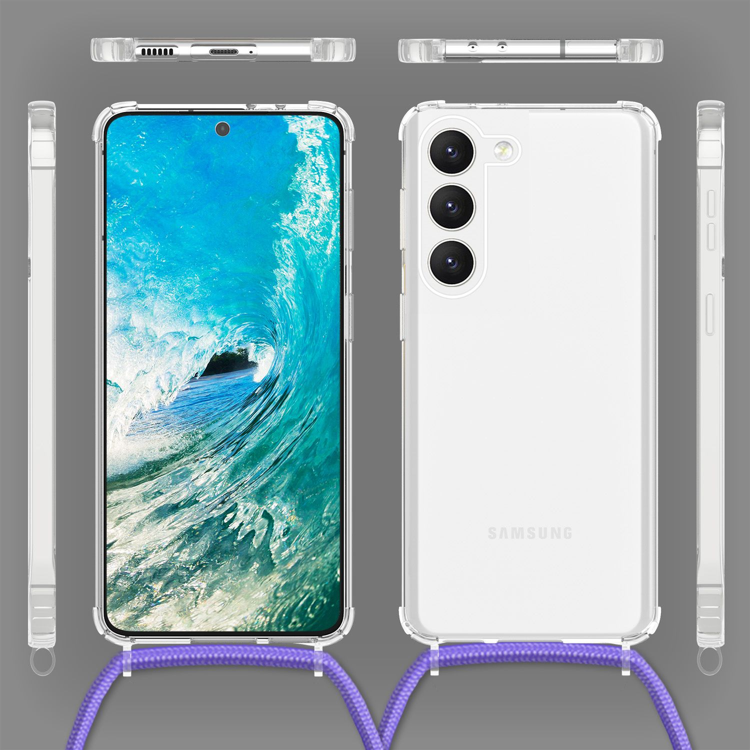 Transparente Handyhülle mit Samsung-Handy. Das Handy zeigt ein blaues Wellenbild. Zusätzliche Gehäuseansichten vorhanden.