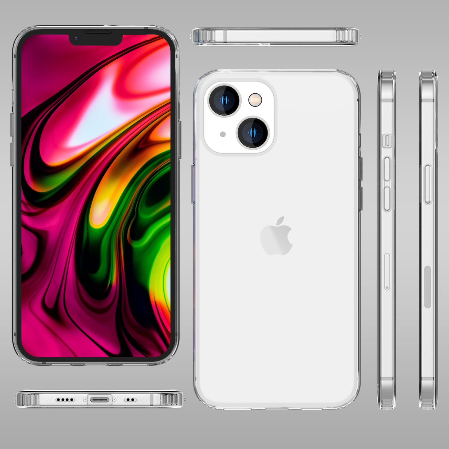 Transparente Handyhülle mit Telefon und mehreren Ansichten der Hülle.