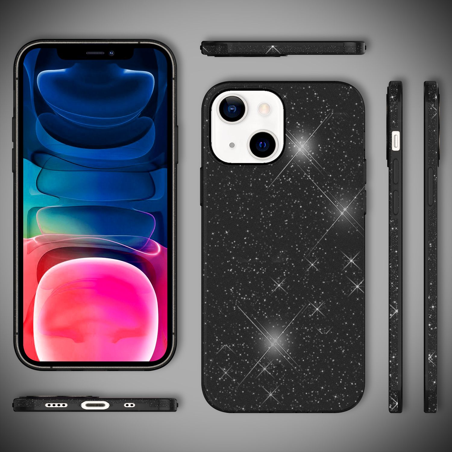 Custodia nera per telefono con glitter e un telefono.