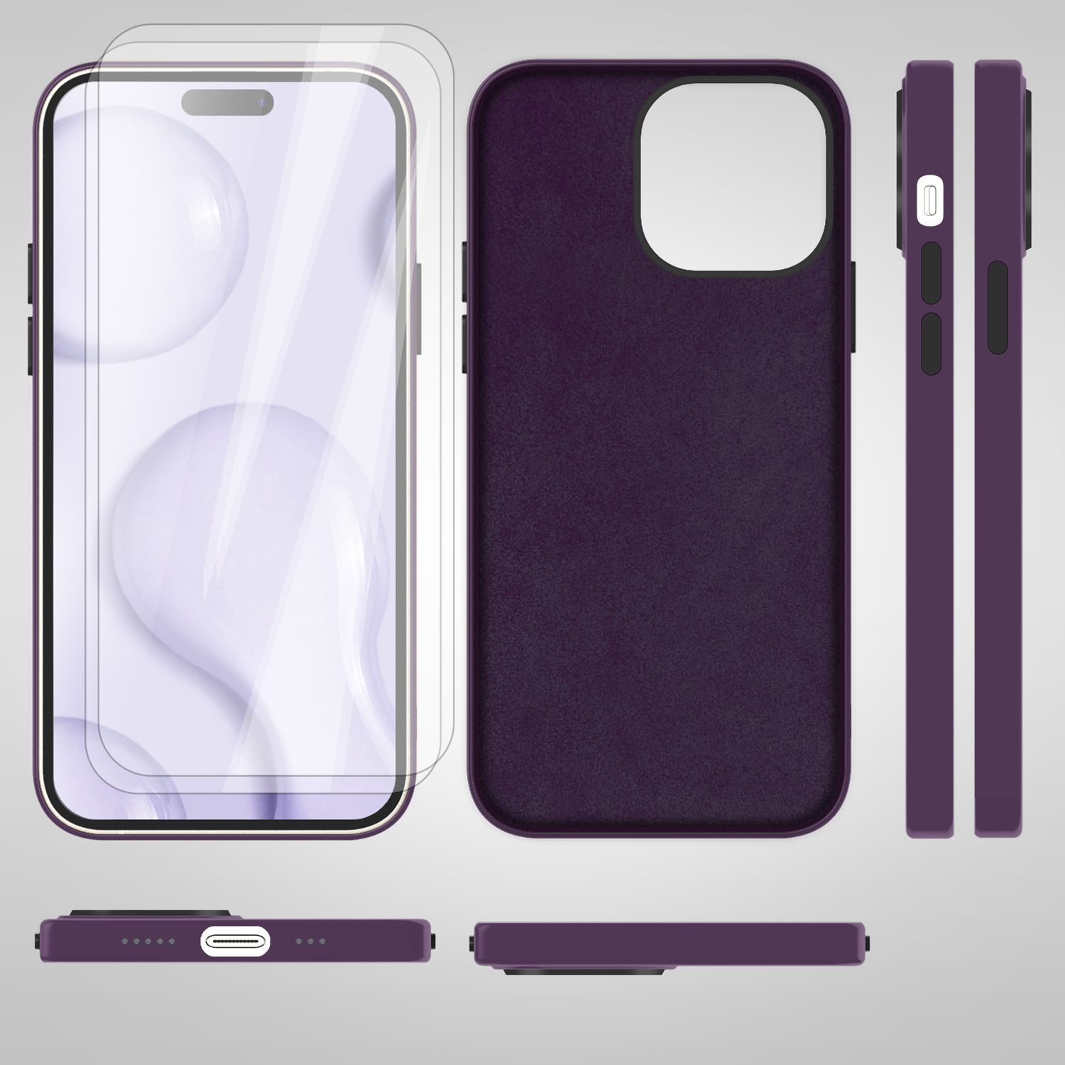 Lila Handyhülle, Displayschutzfolie und angewinkeltes Handy auf weißer Oberfläche. Mehrere Ansichten.