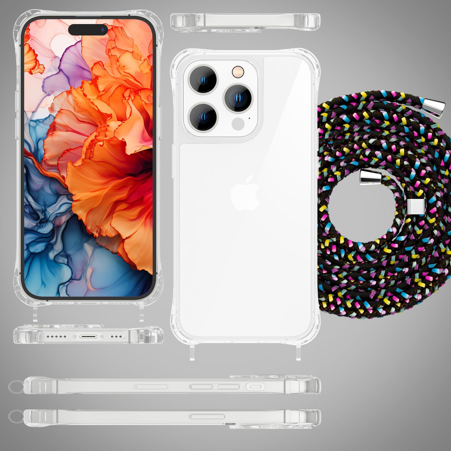 Transparente Handyhülle mit Telefon und buntem Riemen.