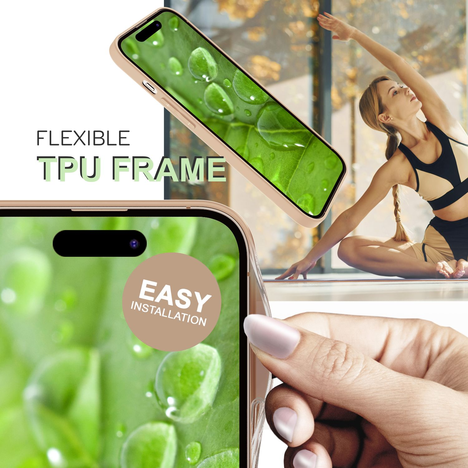 Funda de teléfono con imagen de hoja, una mujer en el fondo y texto sobre la funda.