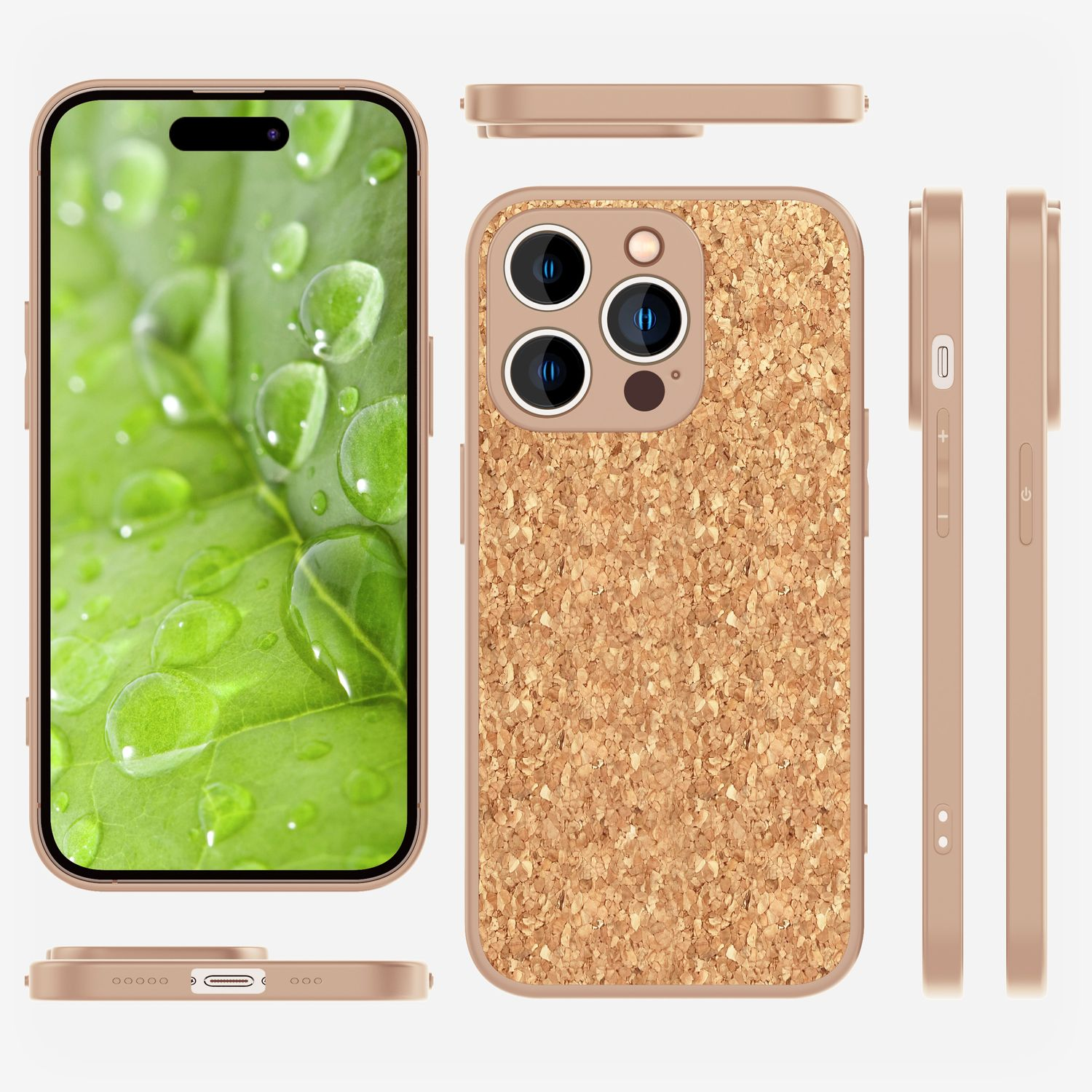 Teléfono con funda de corcho, fondo de hoja, múltiples vistas.