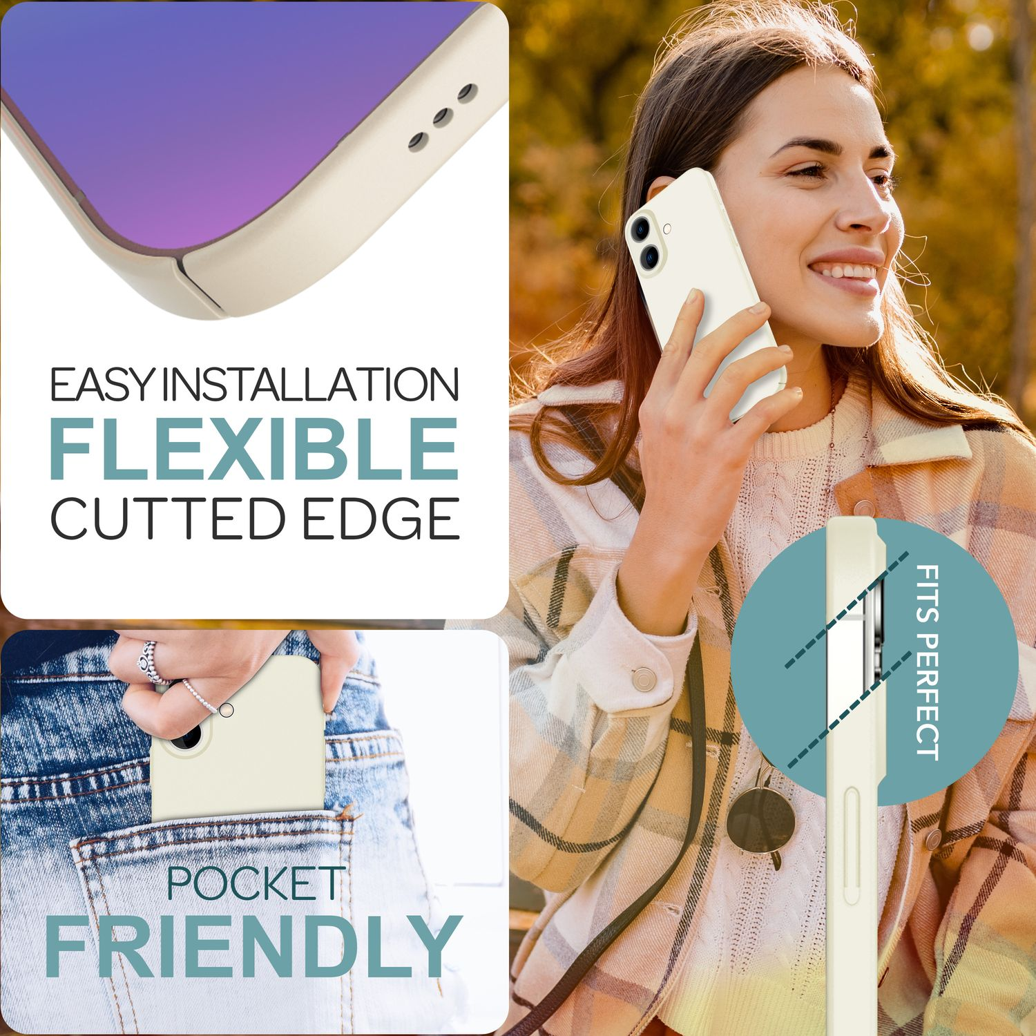 Frau benutzt Telefon, Produktdetails, Telefon in Tasche. Texte: Einfache Installation, Flexibel, Geschnittene Kante, Taschenfreundlich.