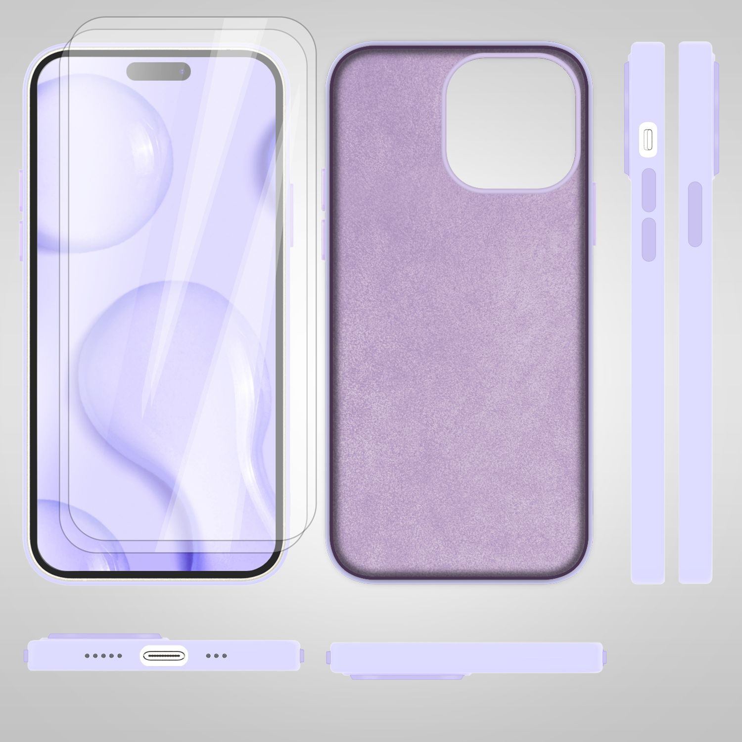 Handyhülle und Displayschutzfolie. Das Gehäuse und der Schutz sind hellviolett.