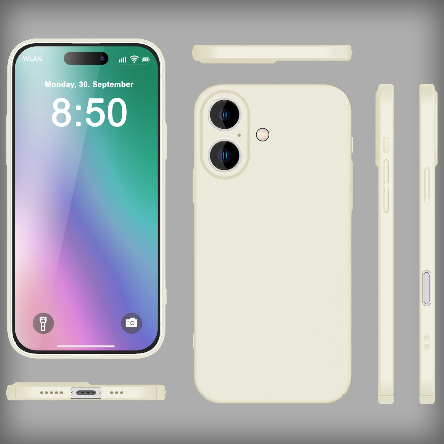 Handyhülle und Telefon. Telefon zeigt die Uhrzeit. Die Handyhülle ist gelb.