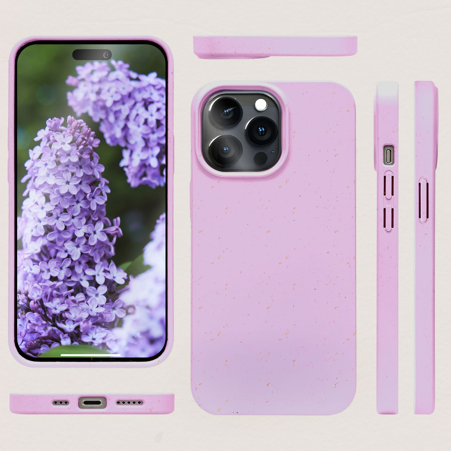 Rosa Handyhülle mit einem lilafarbenen Blumenspitzentapetenbildschirm auf dem Telefon.