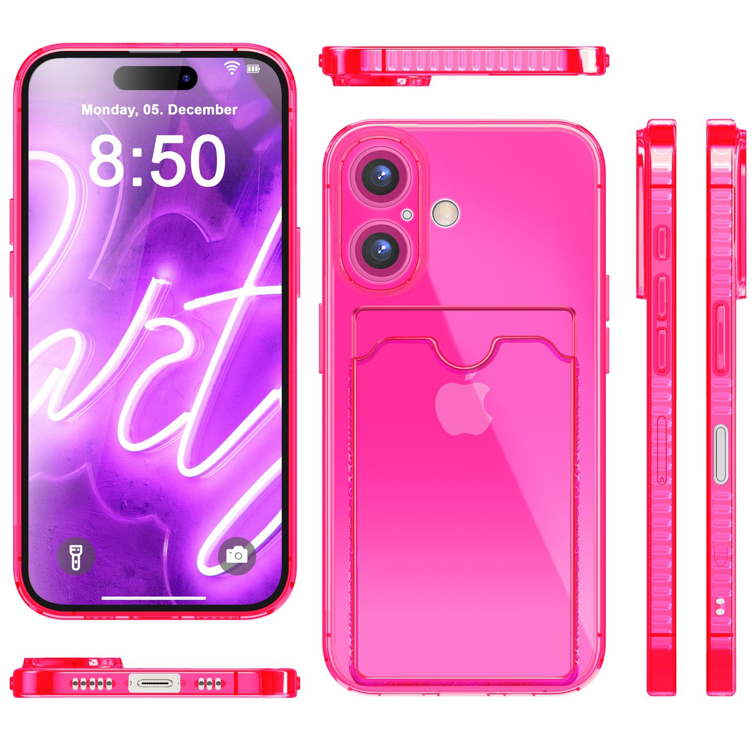 Mehrere Ansichten einer pinken Handyhülle für ein iPhone mit Kartenfach und einem Bildschirm, der die Uhrzeit anzeigt.