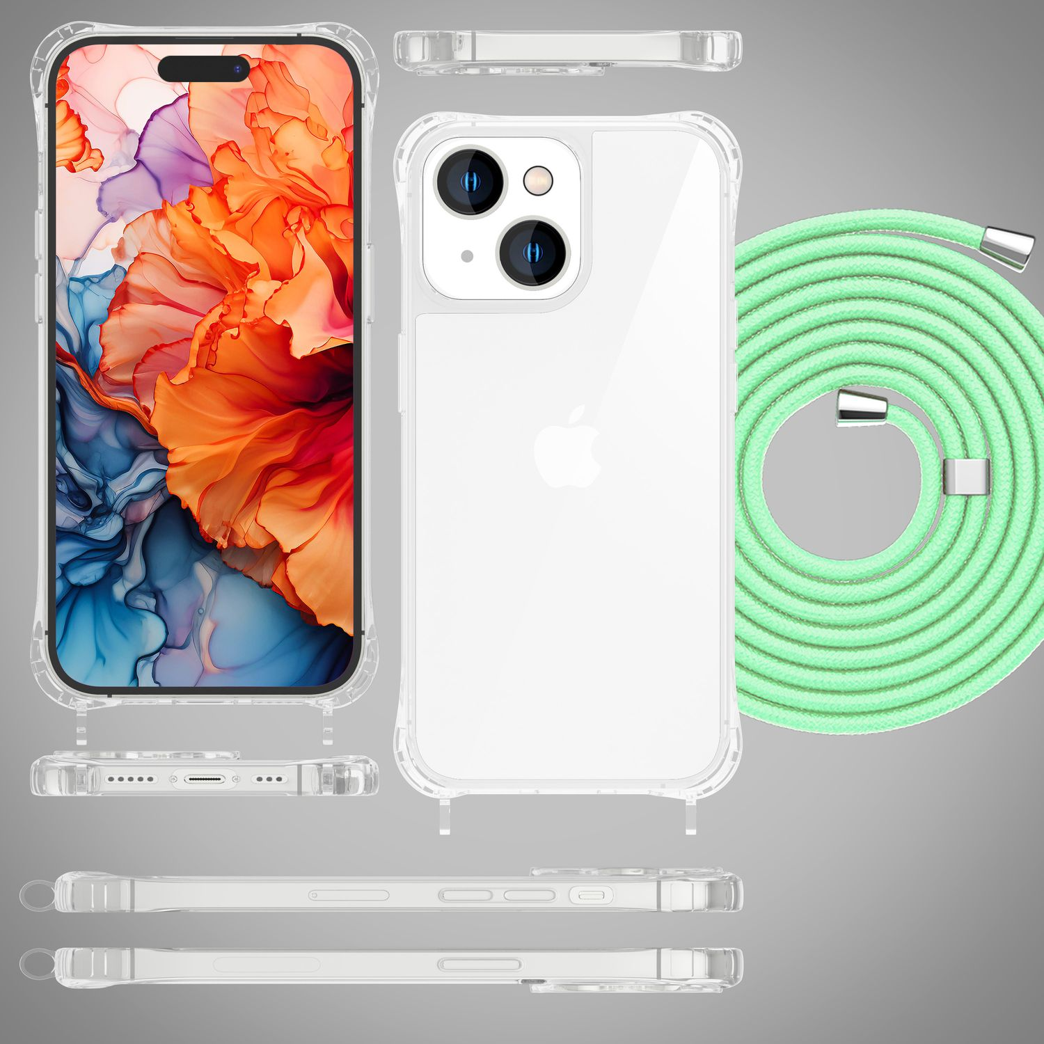 Custodia trasparente con telefono all'interno, più un cinturino verde, viste multiple.