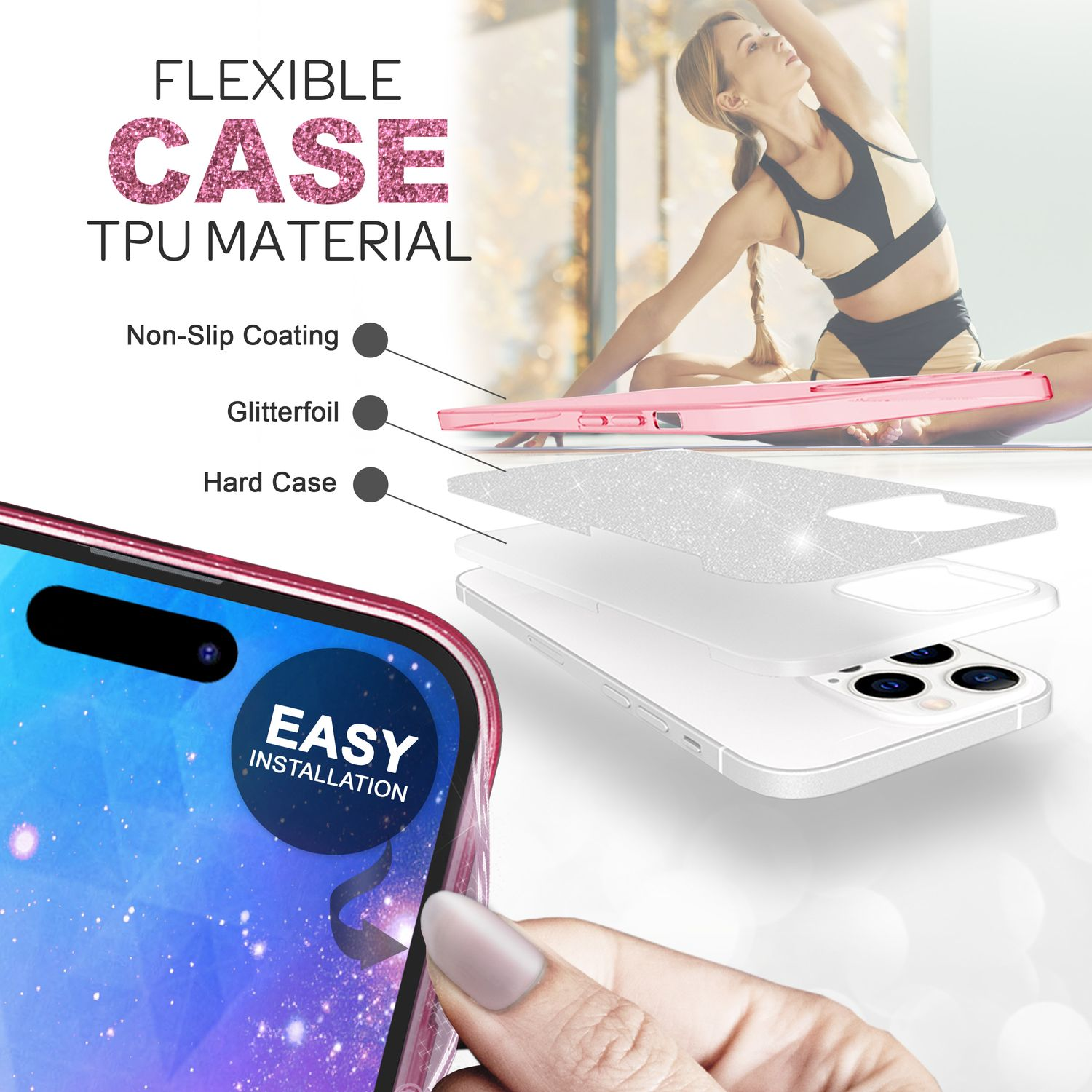 Funda de teléfono con purpurina, mostrando capas de materiales. Una mujer hace yoga al fondo.
