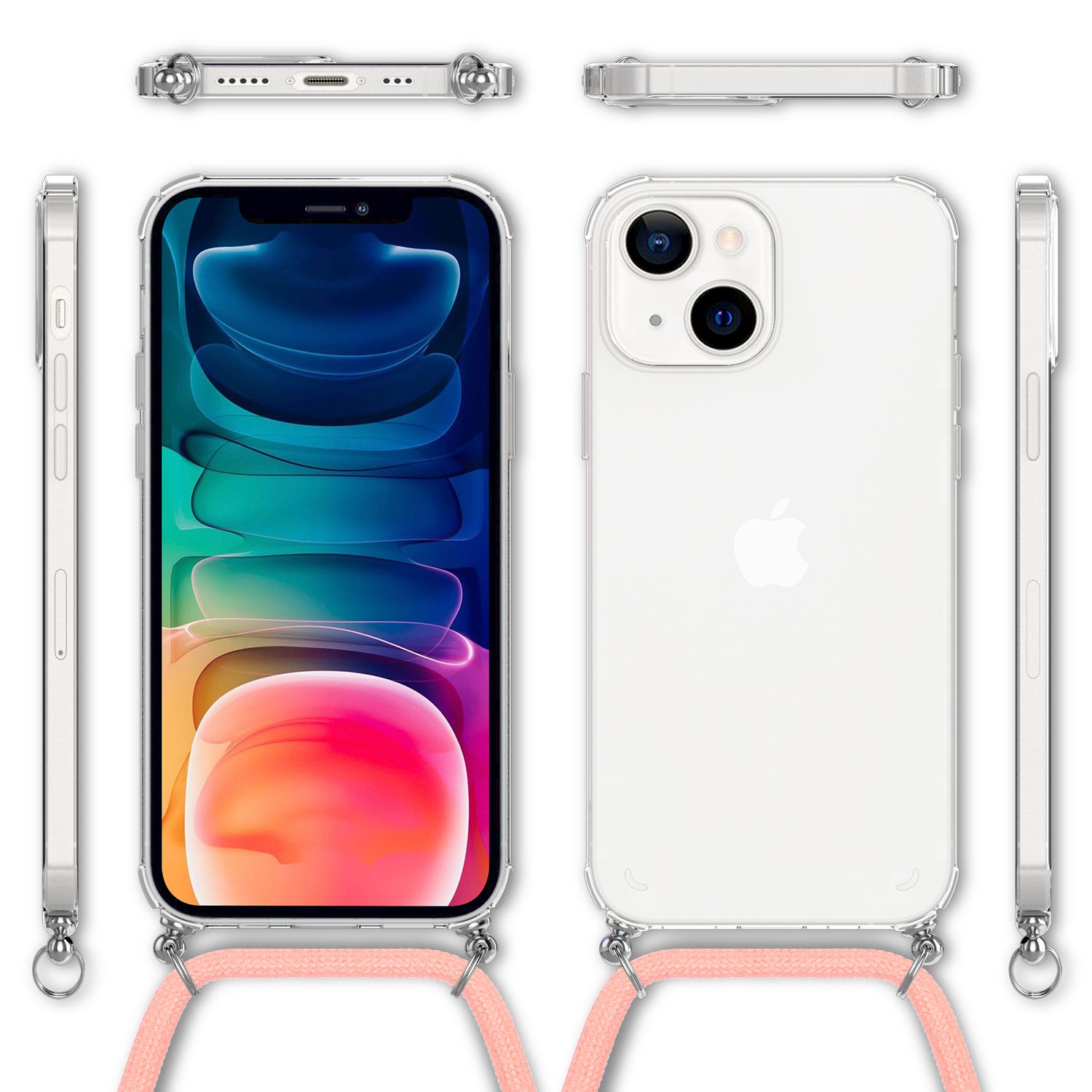 iPhone in custodia trasparente con cordino rosa. Viste multiple. Sfondo bianco.