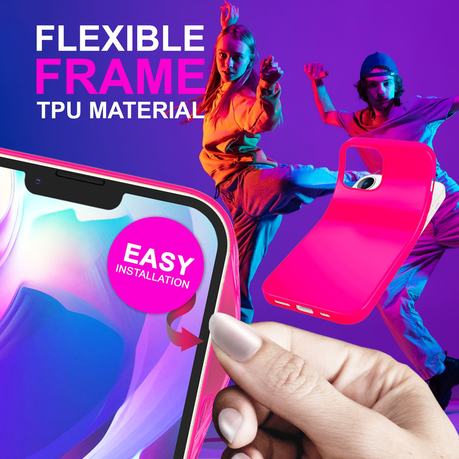Custodia per telefono con telaio flessibile, facile installazione e due persone che indicano. Colori rosa e viola.