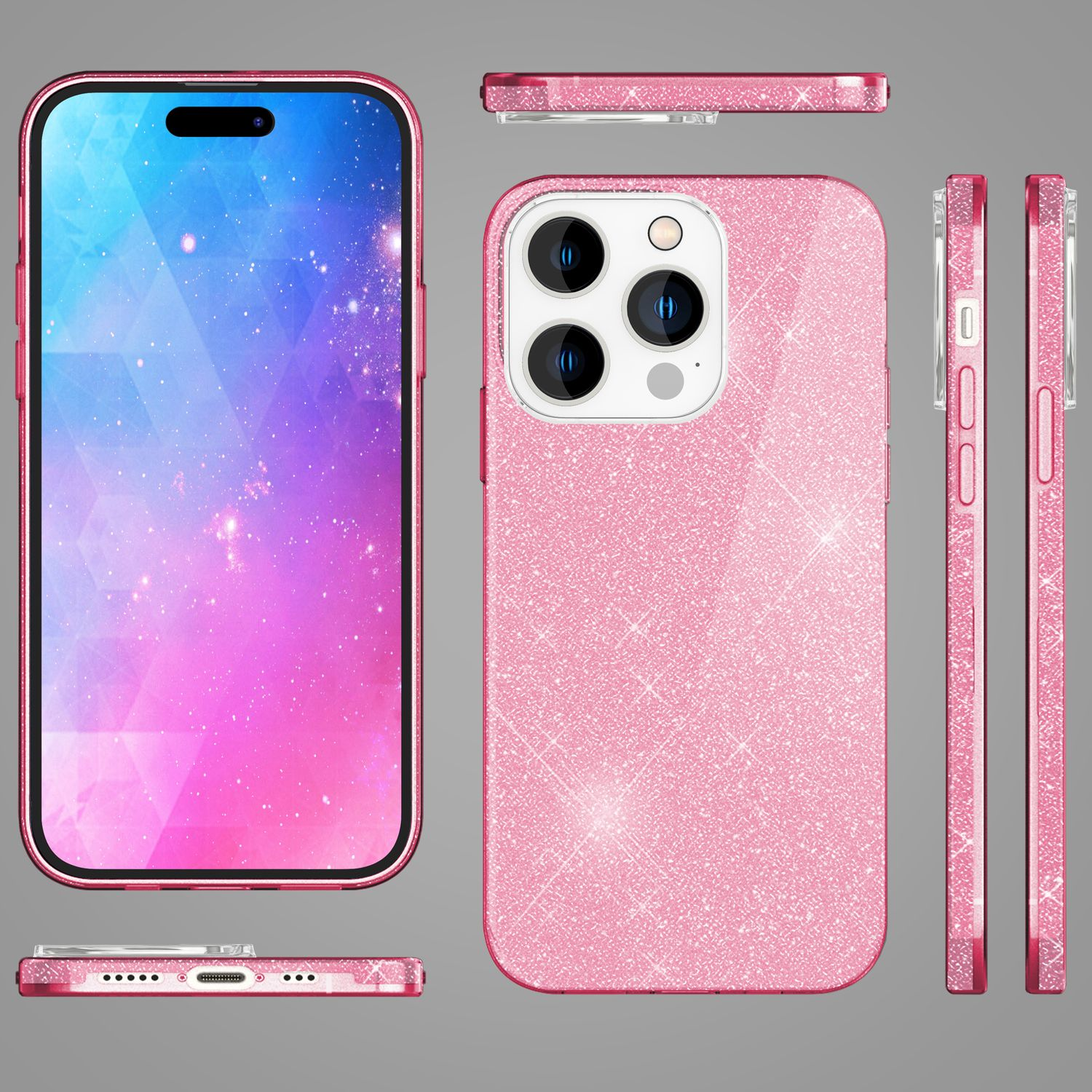 Funda rosa con purpurina. Se muestran varias vistas de la funda, resaltando el efecto purpurina.