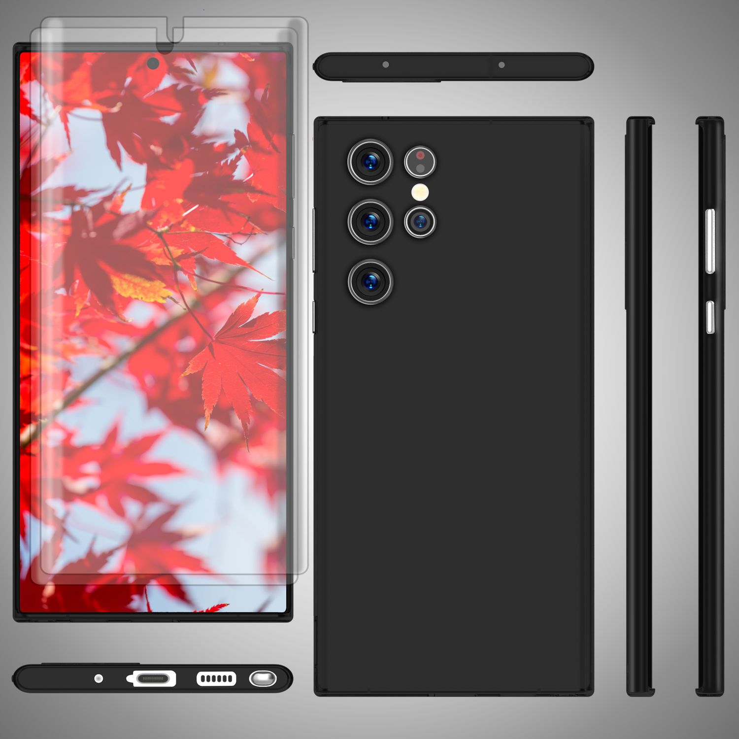 Schwarze Handyhülle und Displayschutzfolie. Das Telefon hat mehrere Kameras und ein mattes Finish.