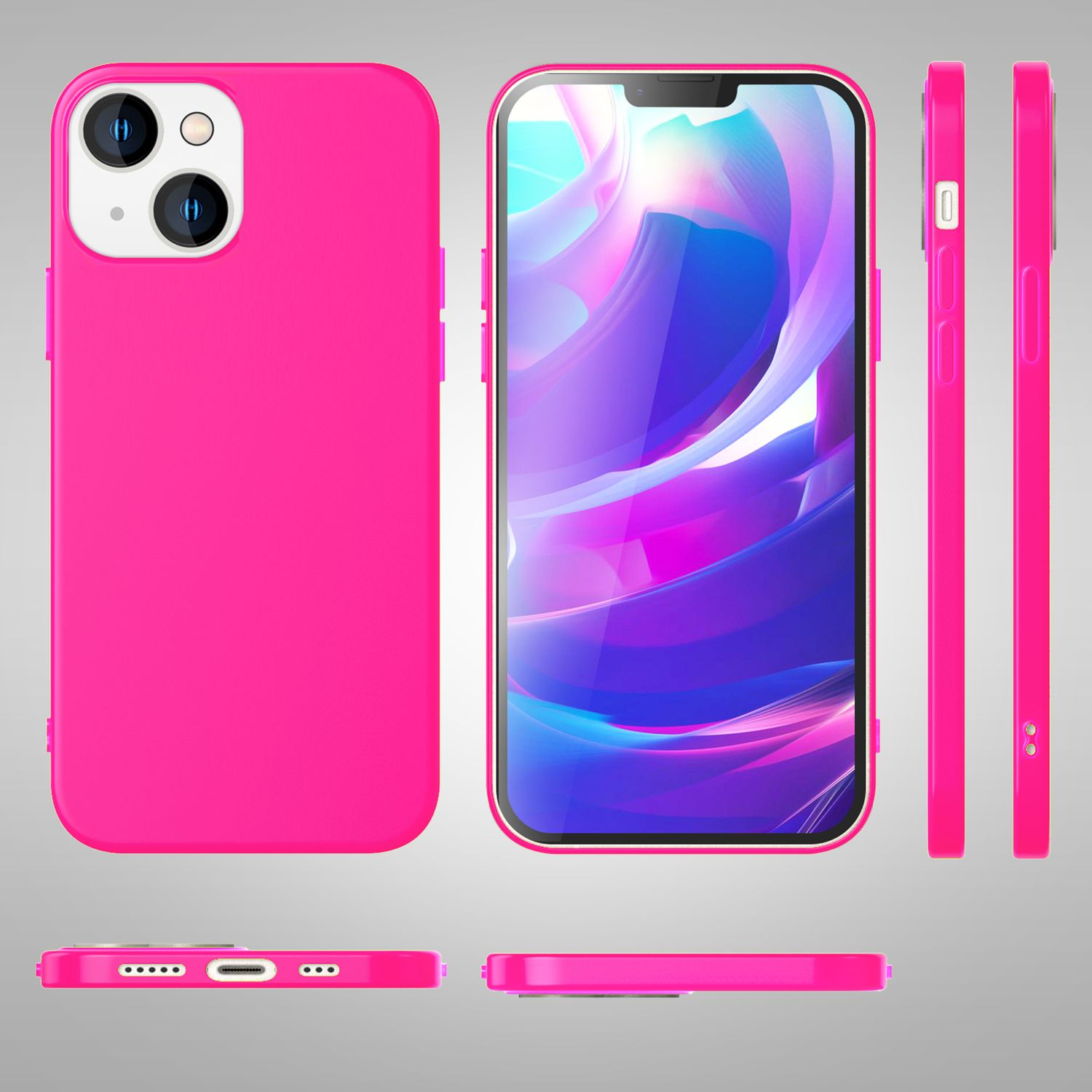 Custodia per telefono rosa, viste multiple. Telefono e custodia su una superficie grigia.