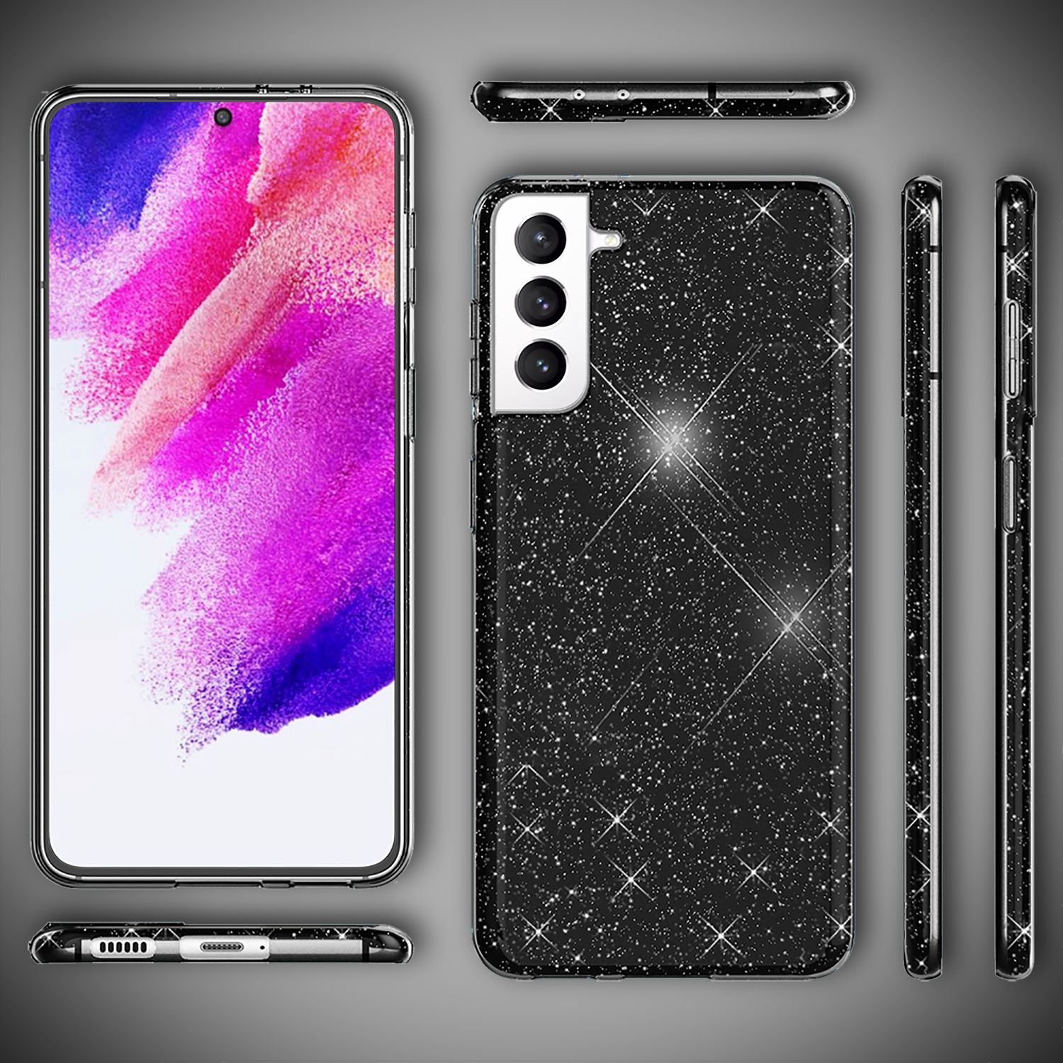 Schwarze Handyhülle mit glitzerndem Rücken. Mehrere Ansichten der Hülle werden gezeigt.