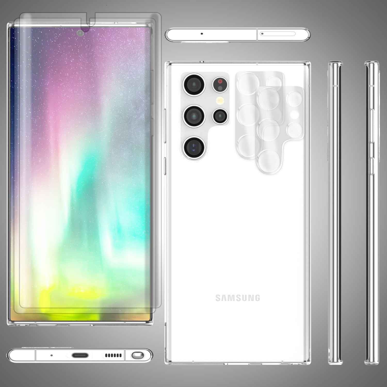 Funda transparente. Protectores de pantalla. Logotipo de Samsung visible.
