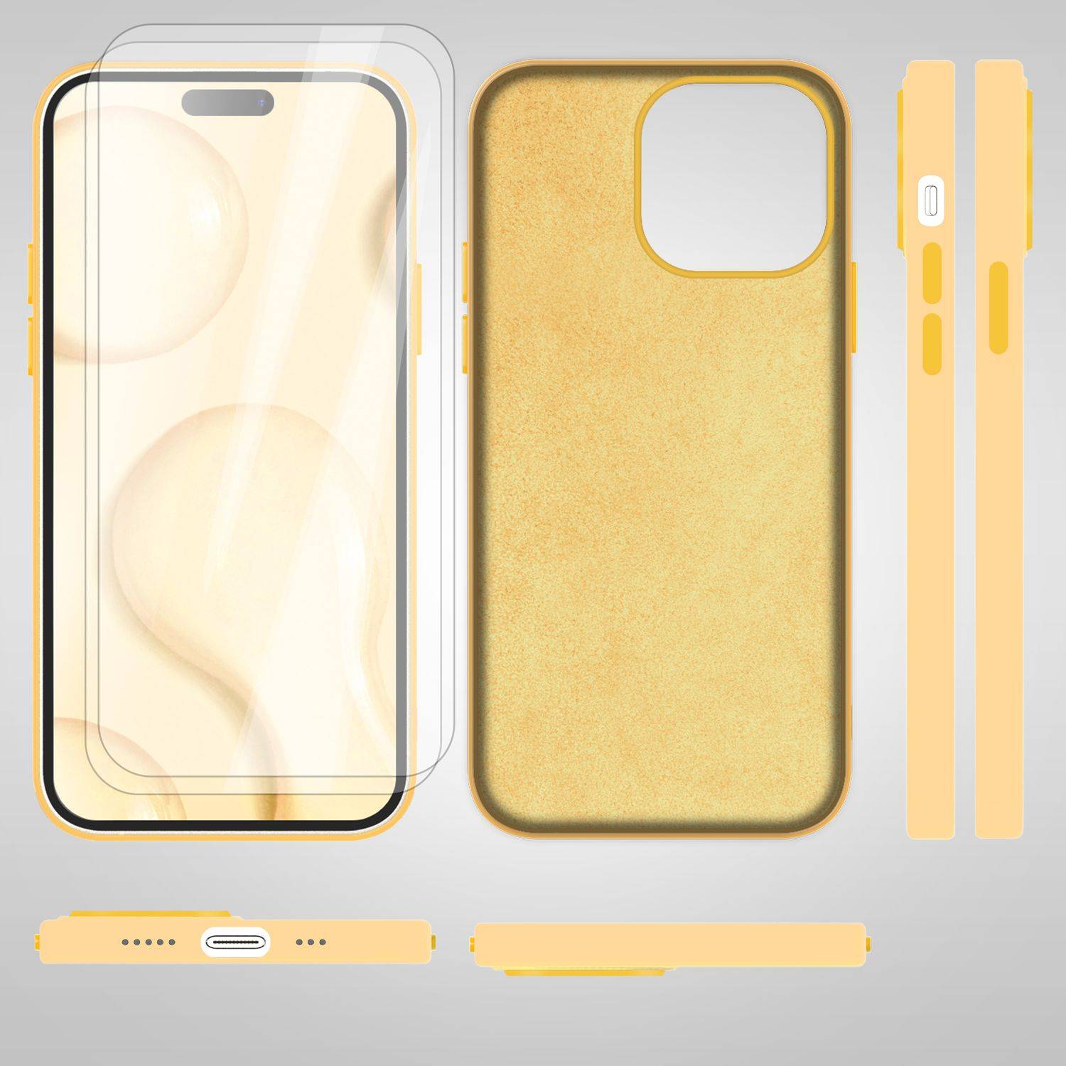Gelbe Handyhülle mit Displayschutz, Design und Details zeigend.