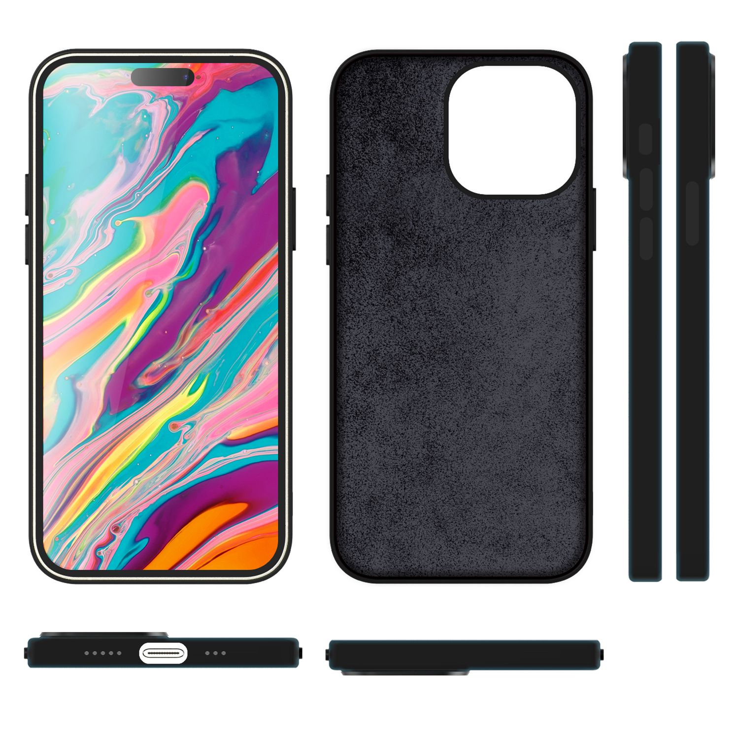 Schwarze Handyhülle mit Telefon, Design und Details zeigend.