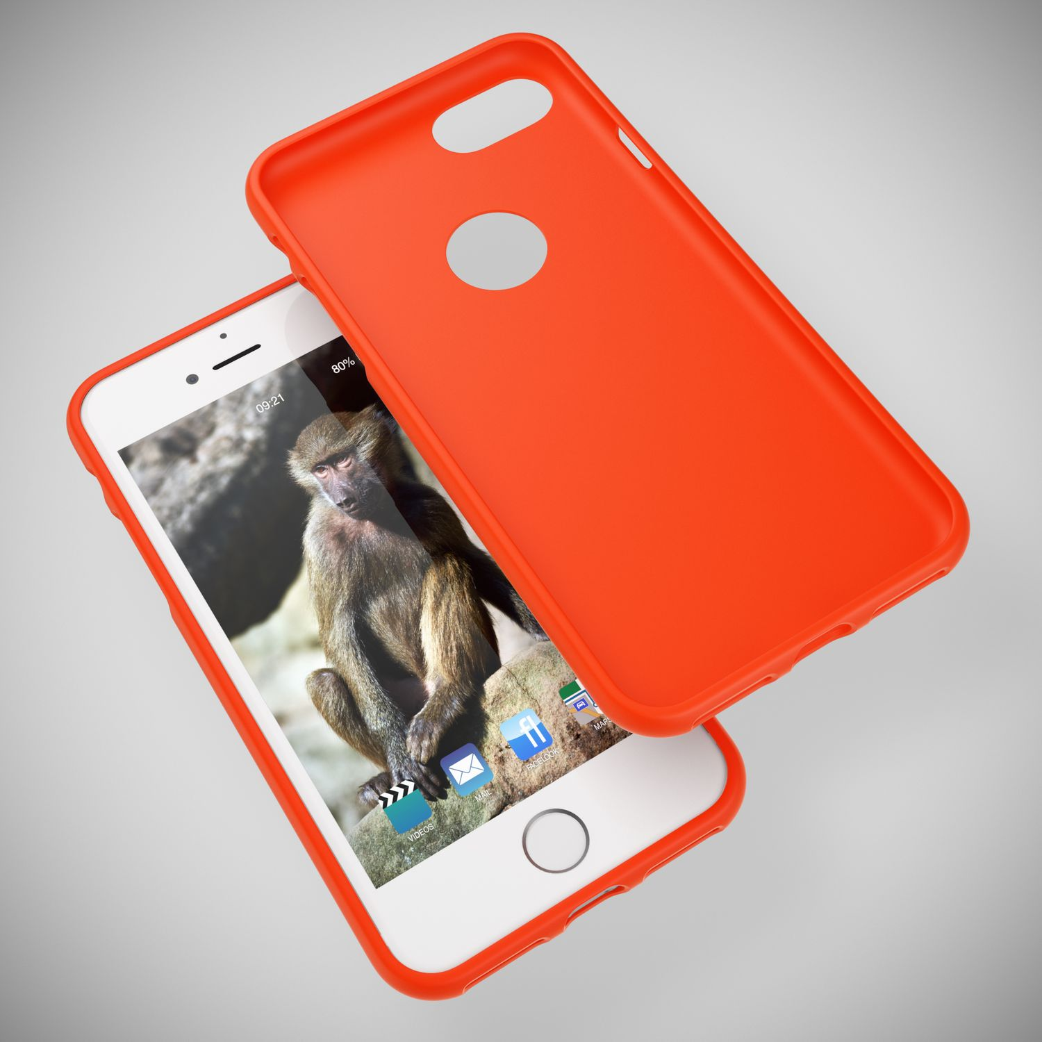 Orangefarbene Handyhülle mit Telefon, auf dem Bildschirm ein Affenfoto.