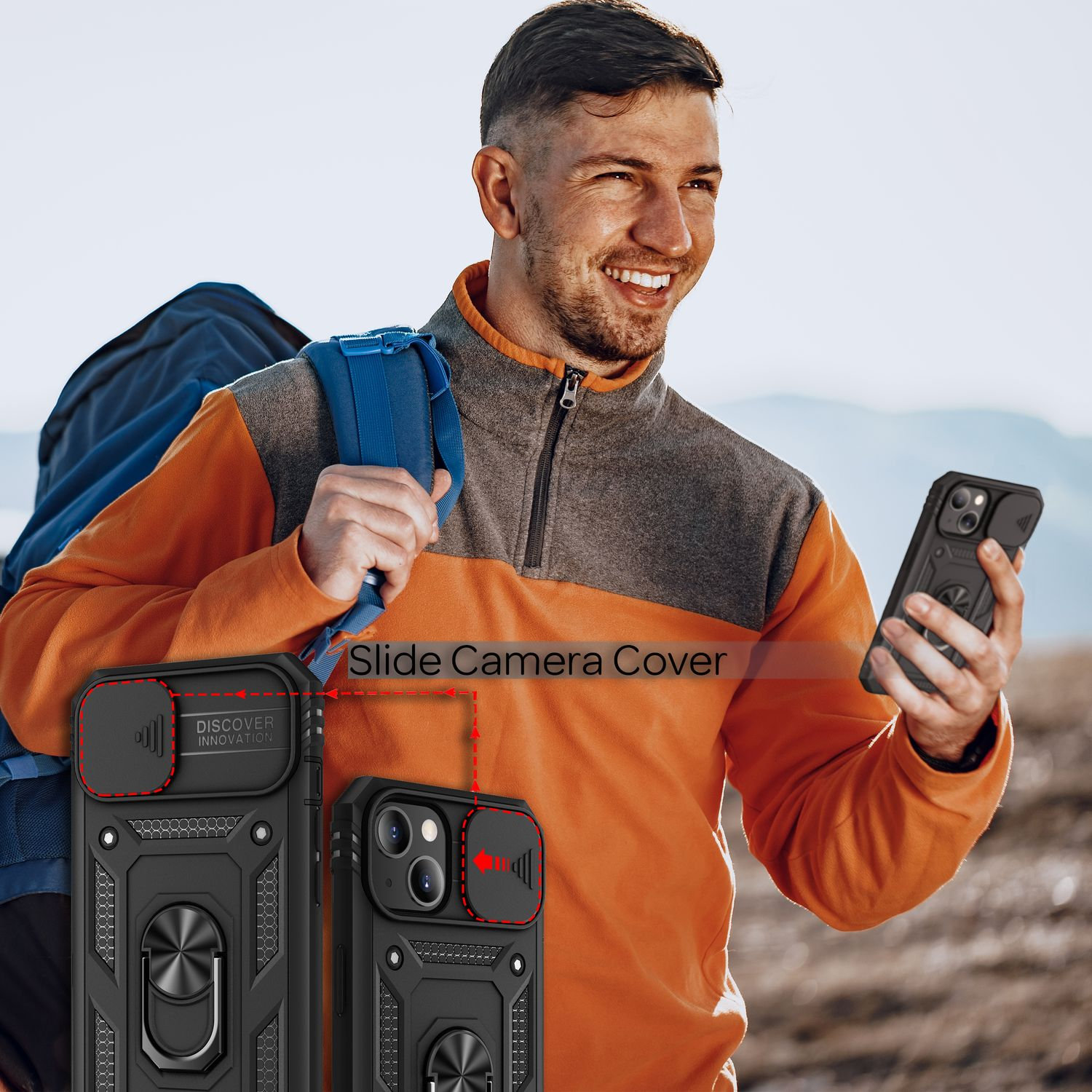 Un uomo tiene in mano un telefono con custodia, due custodie esposte, testo 'Slide Camera Cover'.