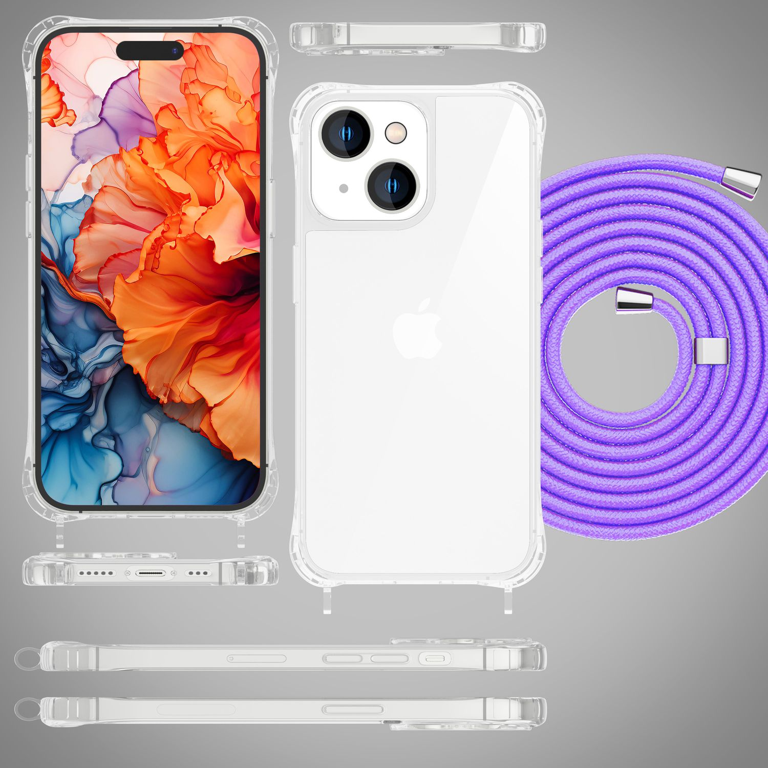 Weiße Handyhülle mit lila Kordel. Telefon, Seitenansichten und Kordeldetails.