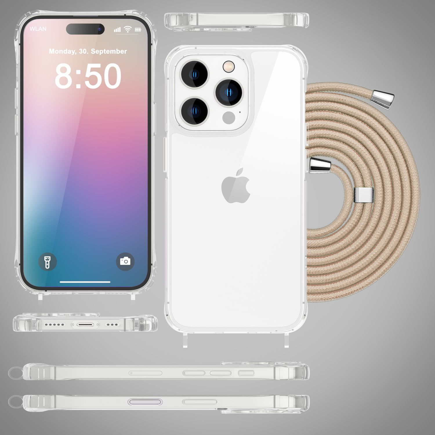 Transparente Handyhülle mit iPhone, Design und Seil zum Aufhängen zeigend.